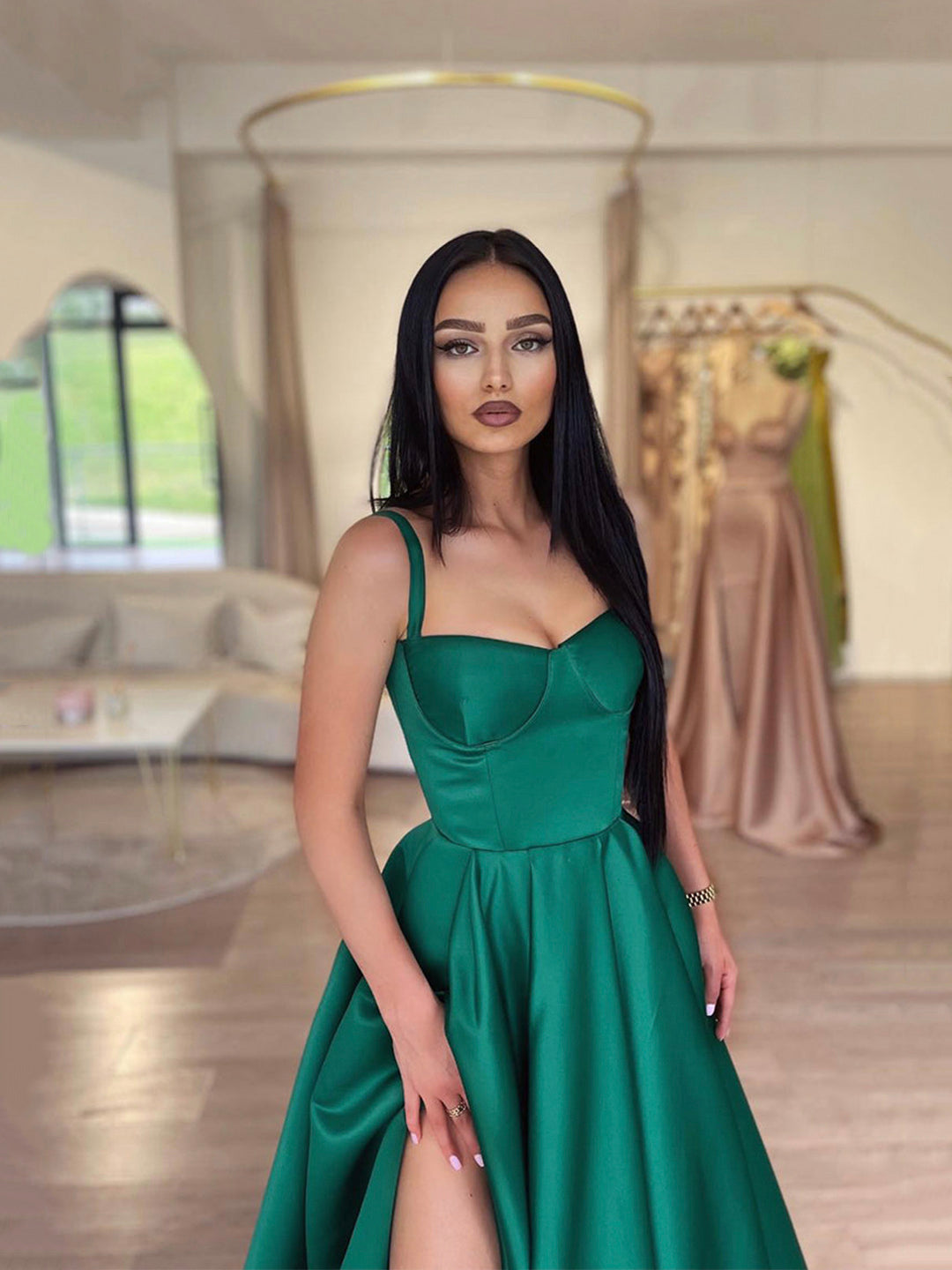 Dark Green Satin A-Line Spaghetti Straps Long Prom Dresses with Split US 12 / Dark Green Dark Green Satin A-Line Spaghetti Straps Long Prom Dresses with Split US 12 / Dark Green