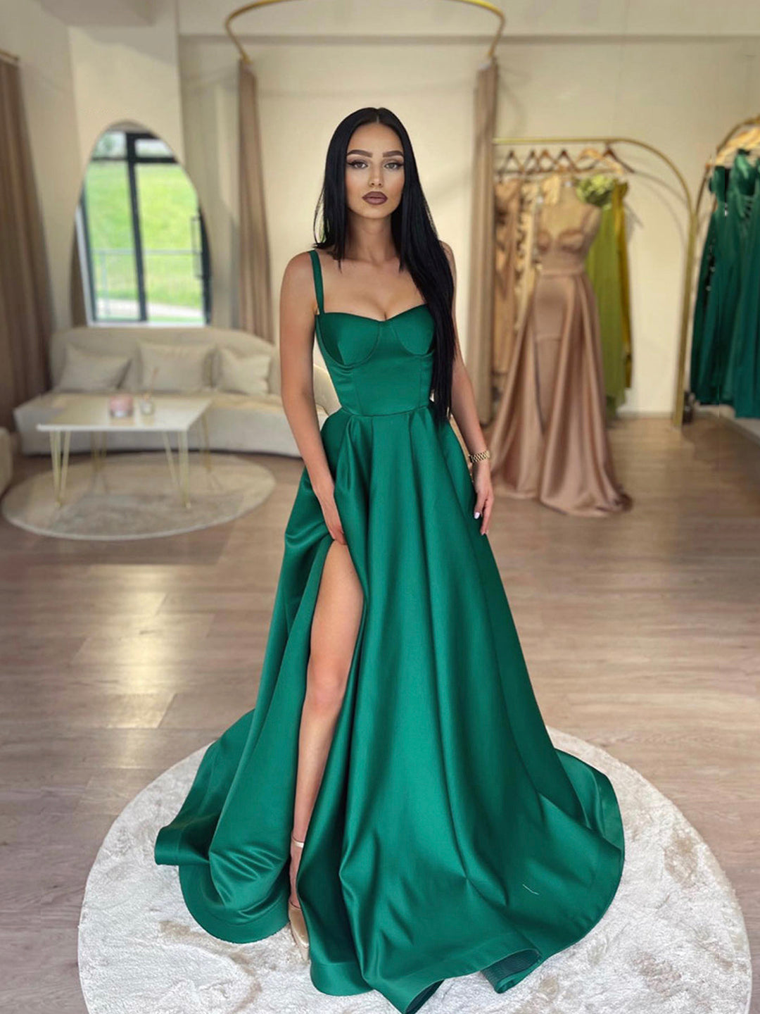Dark Green Satin A-Line Spaghetti Straps Long Prom Dresses with Split – Loveydress