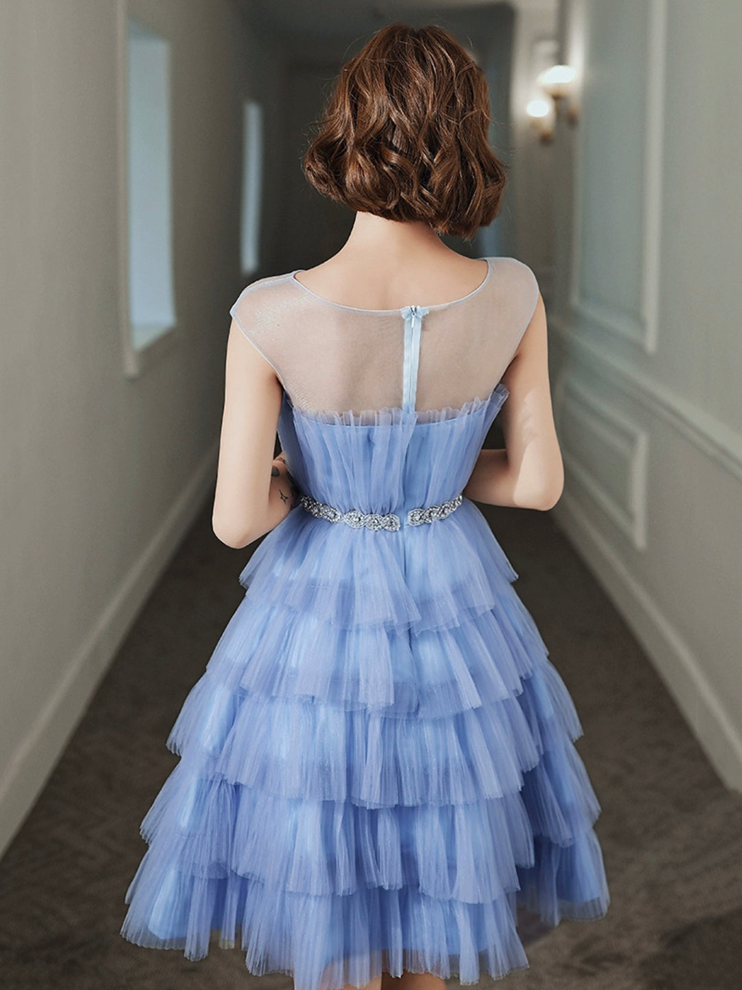 Blue Tulle Round Neckline Short Prom Dress, Cute Layered Blue Evening