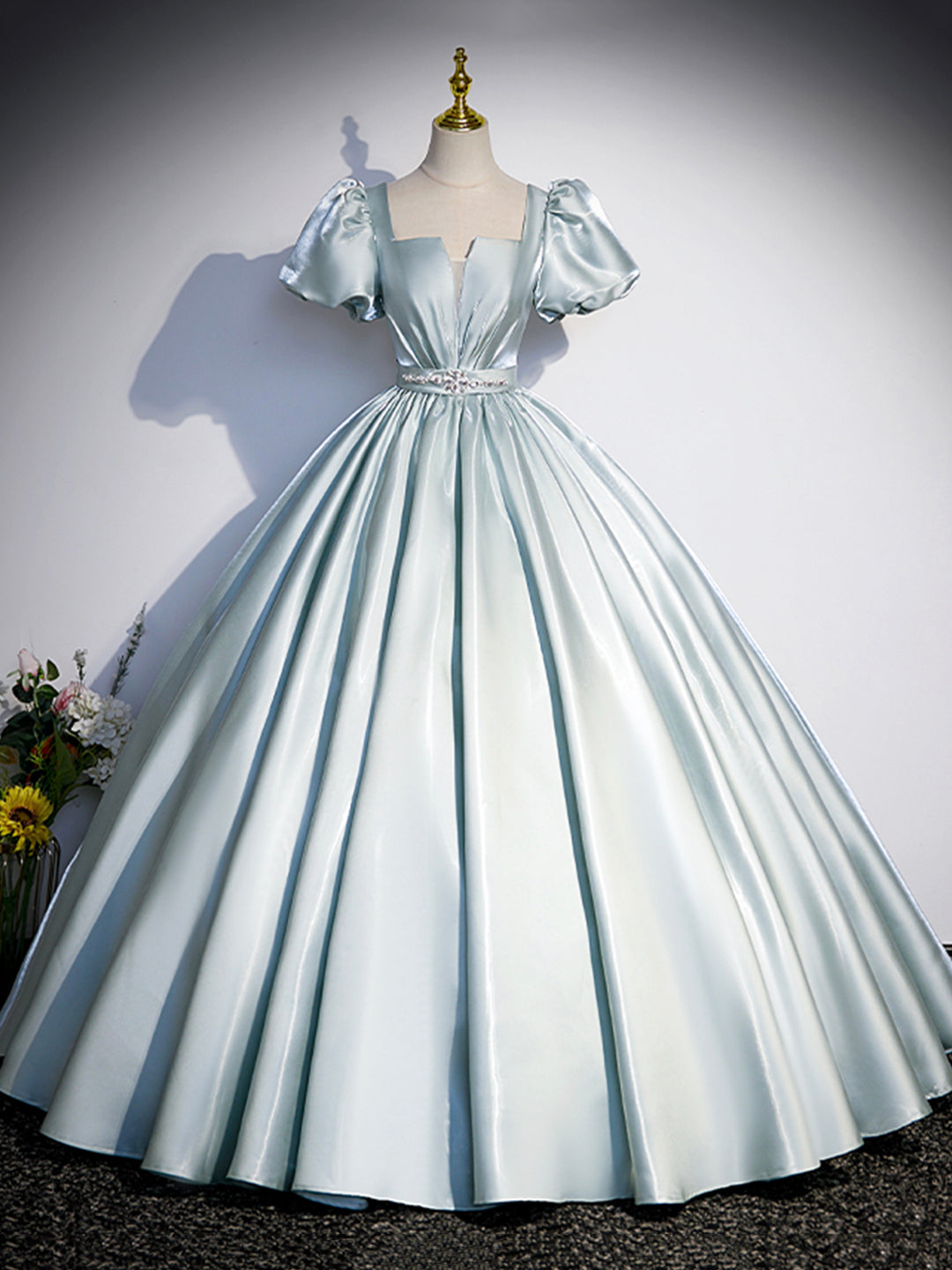 Beautiful Satin Floor Length Prom Dress, A-Line Short Sleeve Evening P
