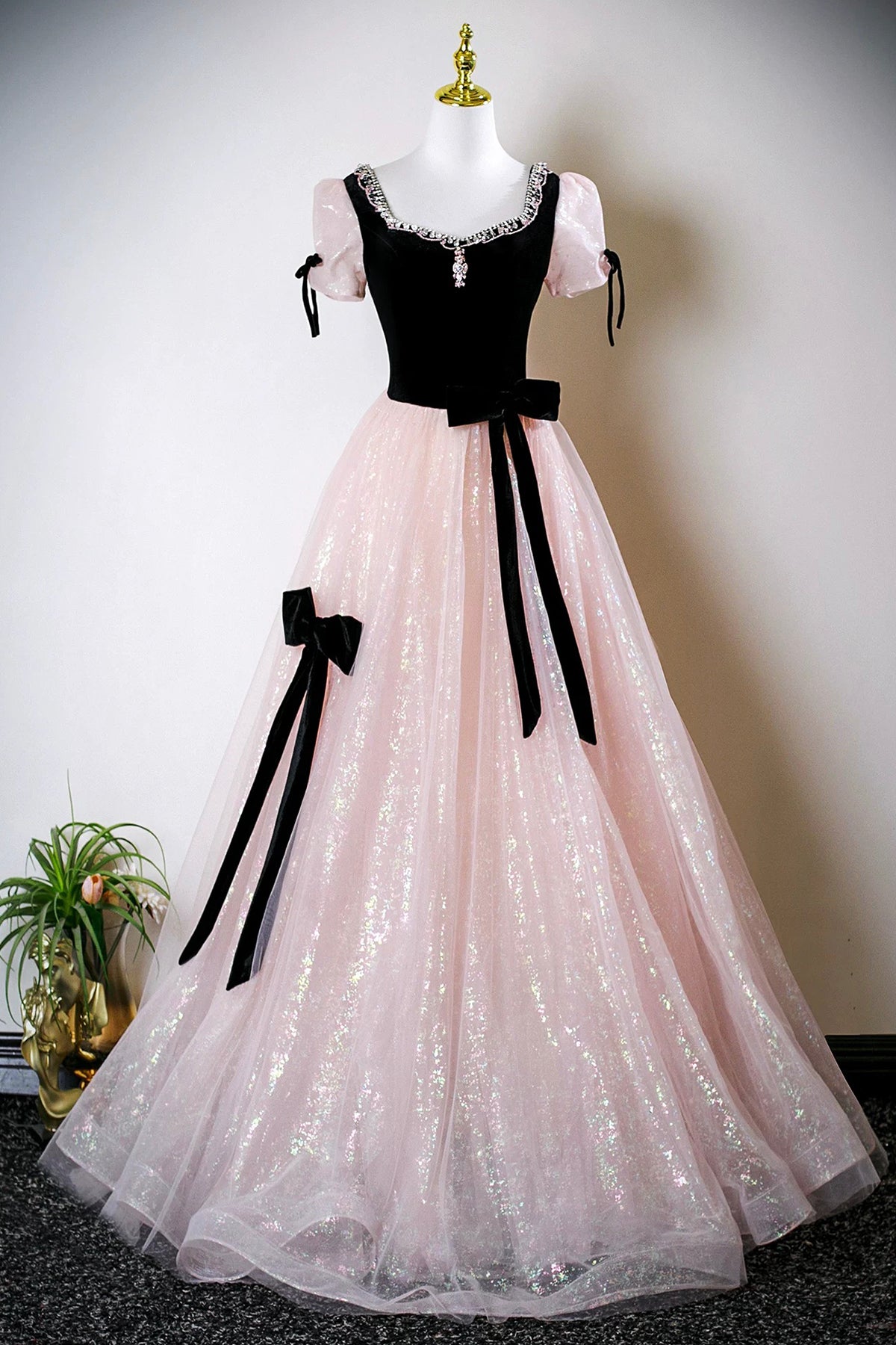 Black Velvet and Pink Tulle Long Prom Dress, Lovely A-Line Short Sleeve Evening Dress US 6 / Pink Black Velvet and Pink Tulle Long Prom Dress, Lovely A-Line Short Sleeve Evening Dress US 6 / Pink