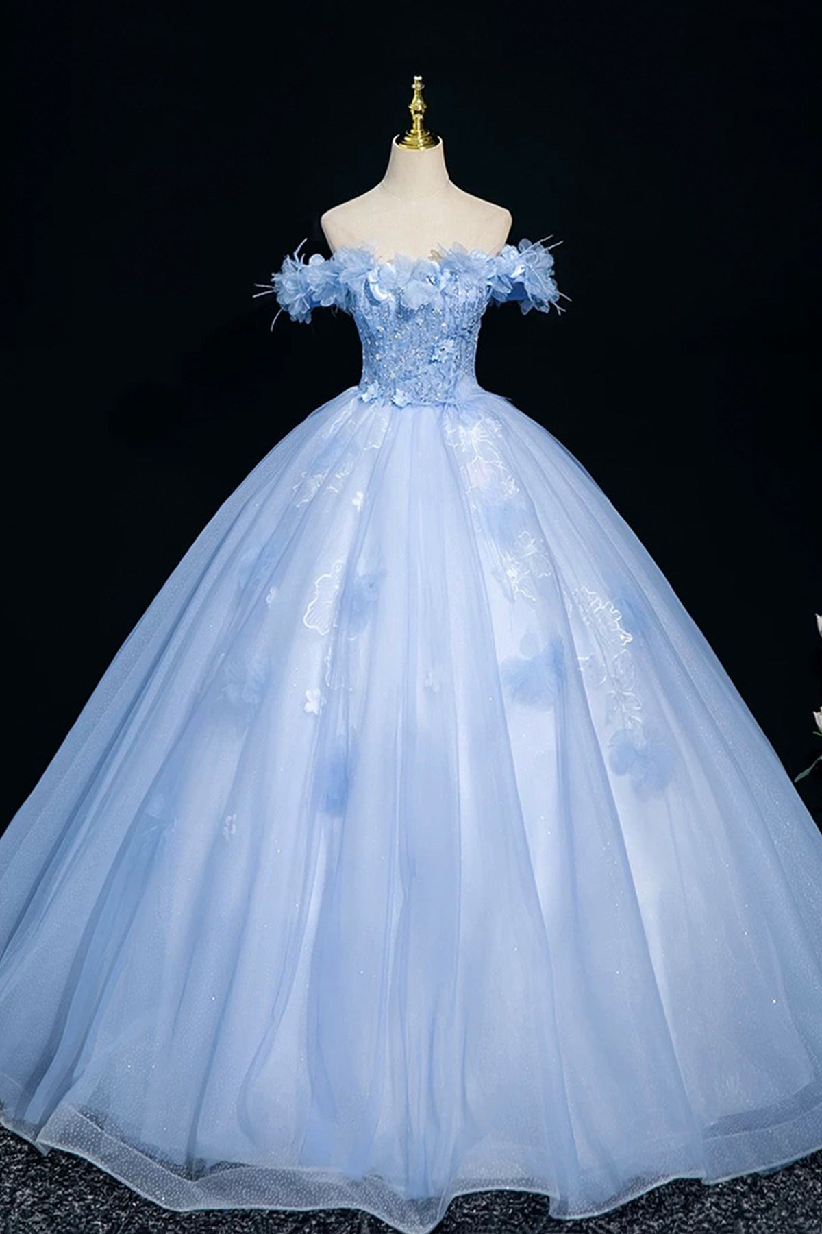 Beautiful Blue Tulle Lace Long Prom Dress, A-Line Off the Shoulder Par Loveydress Beautiful Blue Tulle Lace Long Prom Dress, A-Line Off the Shoulder Par Loveydress