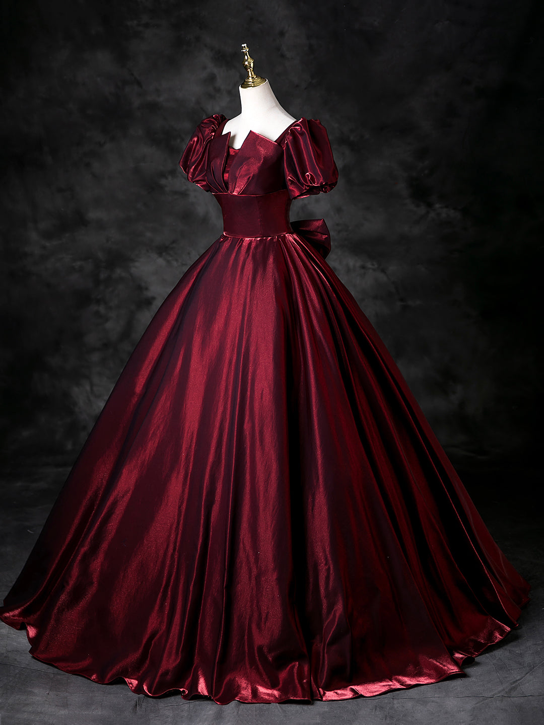 Burgundy Satin Floor Length Prom Dress, A-Line Short Sleeve Formal Dress US 4 / Burgundy
