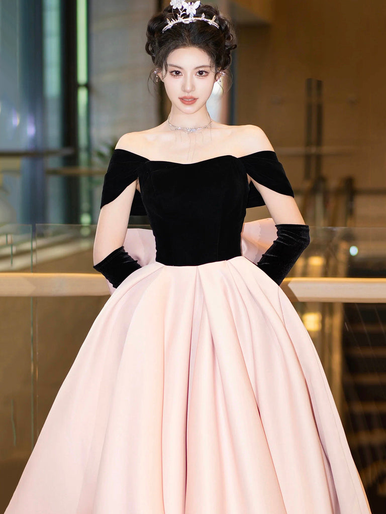 Black Velvet and Pink Satin Long Prom Dress, Beautiful A-Line Off the ...