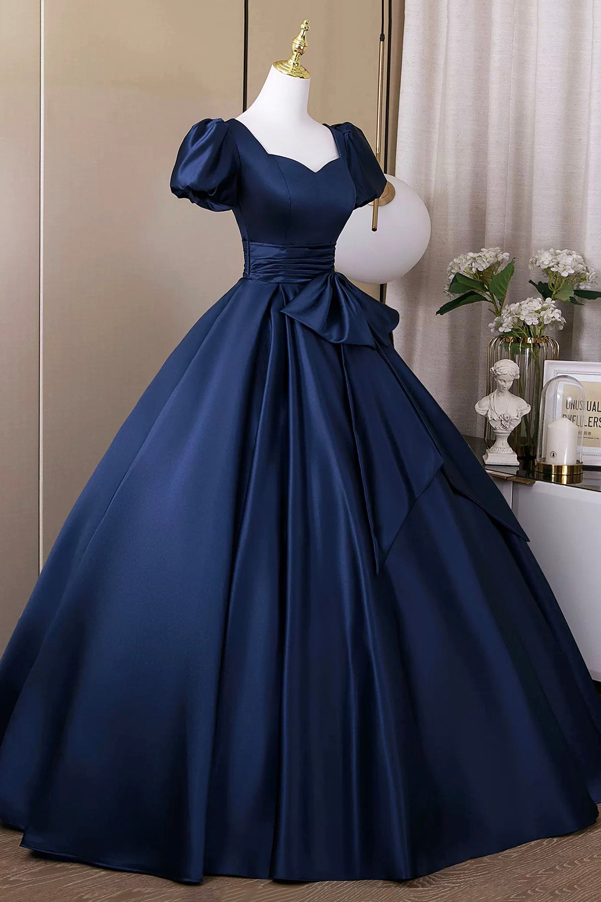 Navy Satin Long Prom Dress, Elegant Short Sleeve Evening Party Dress US 6 / Navy Navy Satin Long Prom Dress, Elegant Short Sleeve Evening Party Dress US 6 / Navy