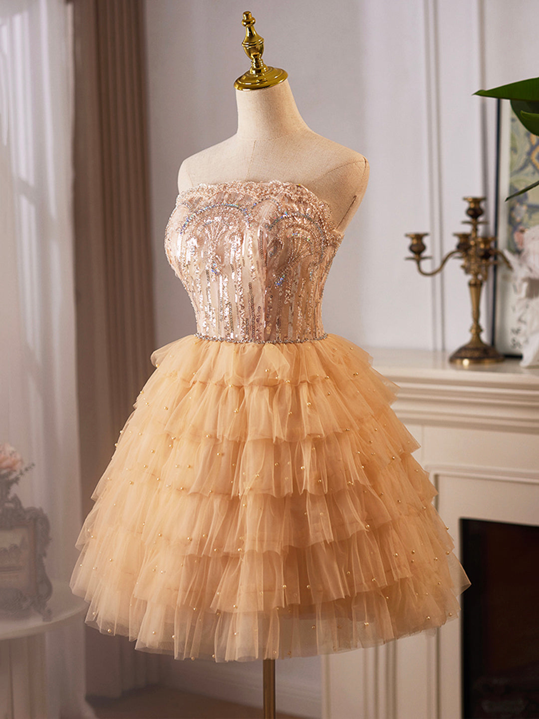 Cute Short Prom Dress Lovely Tulle Layer Knee Length Prom Dress, A-Line Strapless Evening Party Cute Short Prom Dress Lovely Tulle Layer Knee Length Prom Dress, A-Line Strapless Evening Party