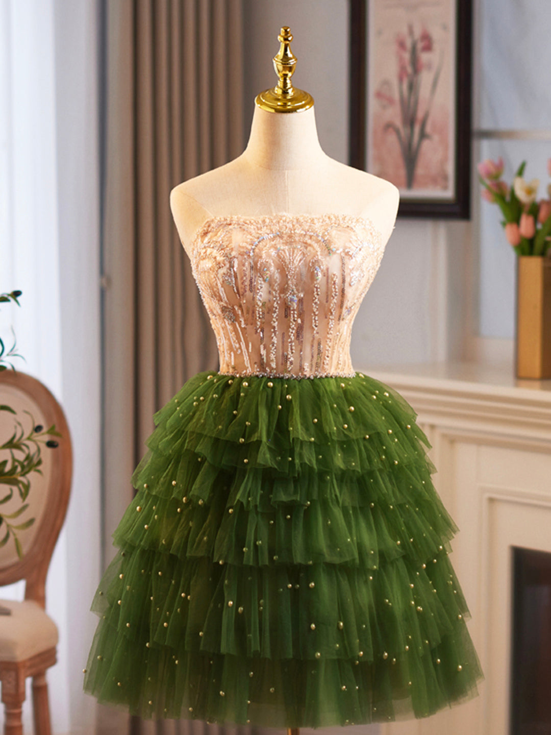 Green Tulle Layer Knee Length Prom Dress, A-Line Strapless Evening Par Loveydress Green Tulle Layer Knee Length Prom Dress, A-Line Strapless Evening Par Loveydress