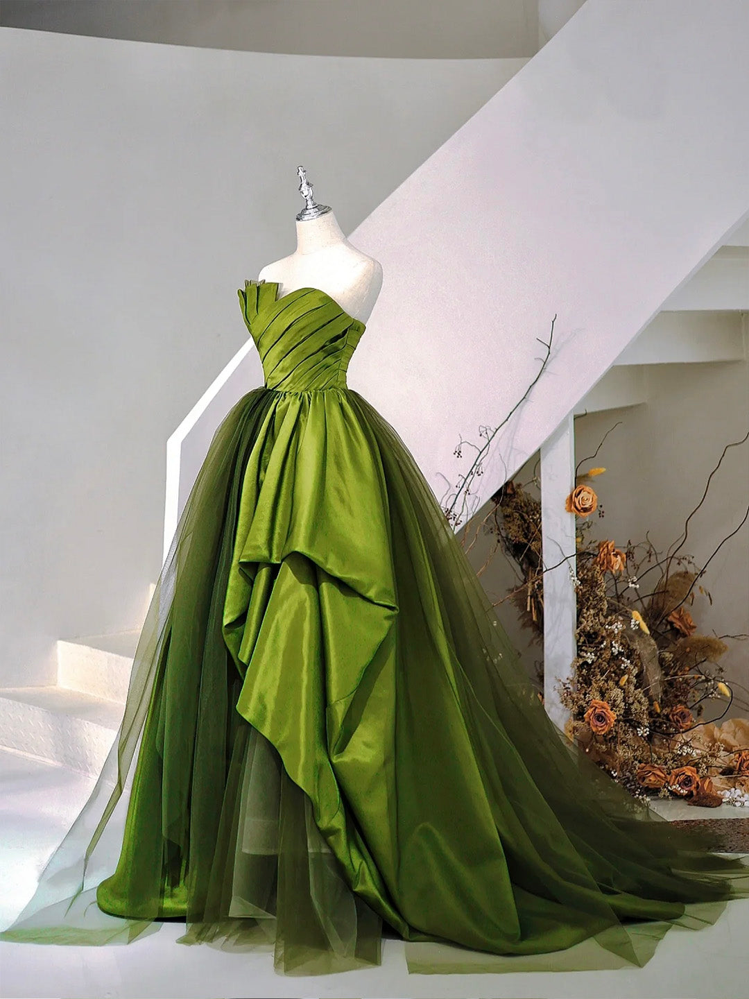 A-Line Strapless Green Satin Tulle Sweep Train Prom Evening Dresses US 12 / Custom Color A-Line Strapless Green Satin Tulle Sweep Train Prom Evening Dresses US 12 / Custom Color