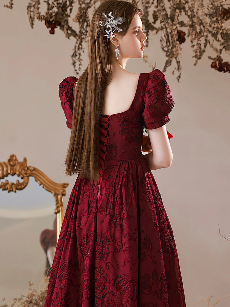 Burgundy Satin Floor Length Prom Dress, A-Line Short Sleeve Evening Pa
