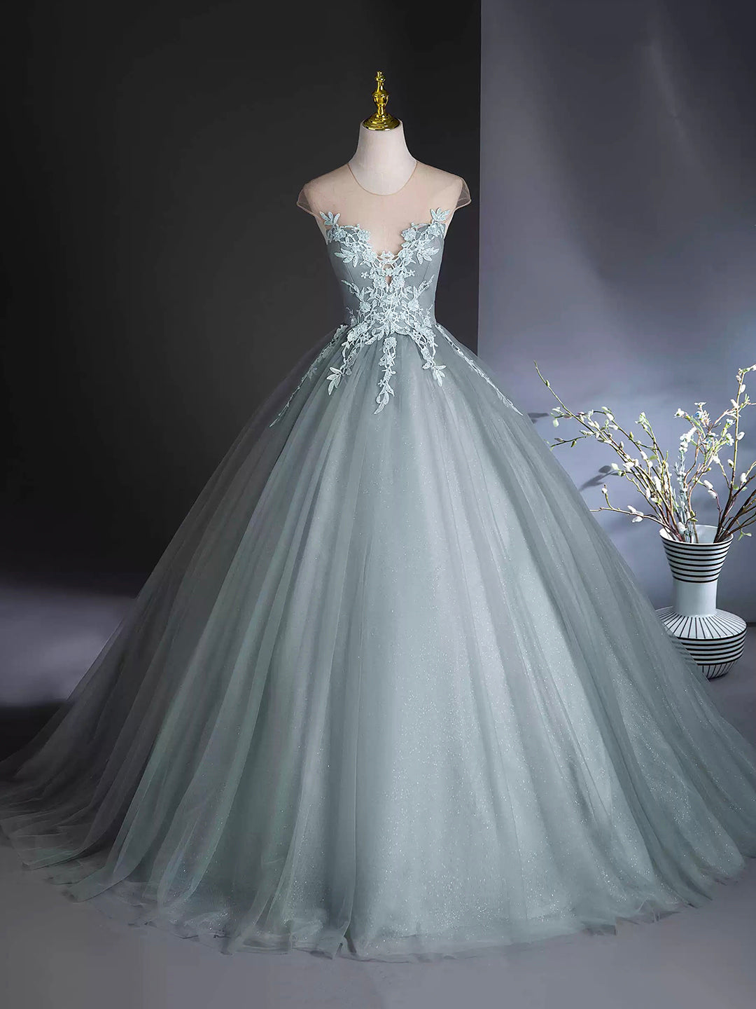 A-Line Scoop Neckline Tulle Floor Length Formal Dress with Lace, Elega