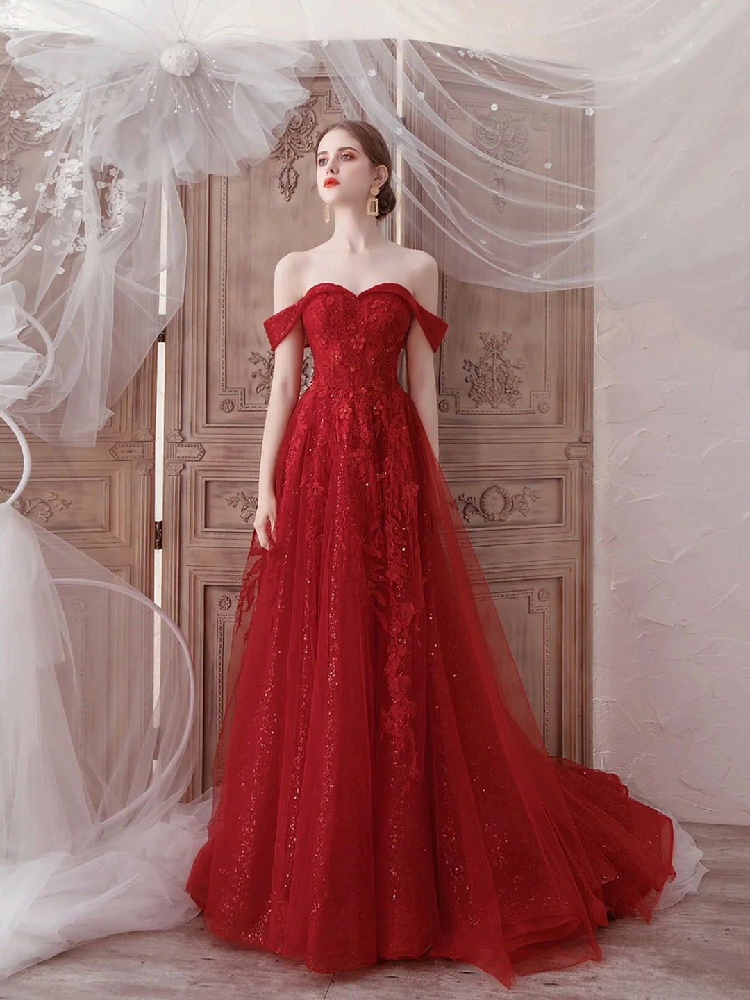 Red Tulle Lace Floor Length Prom Dress, Beautiful Off the Shoulder Eve ...