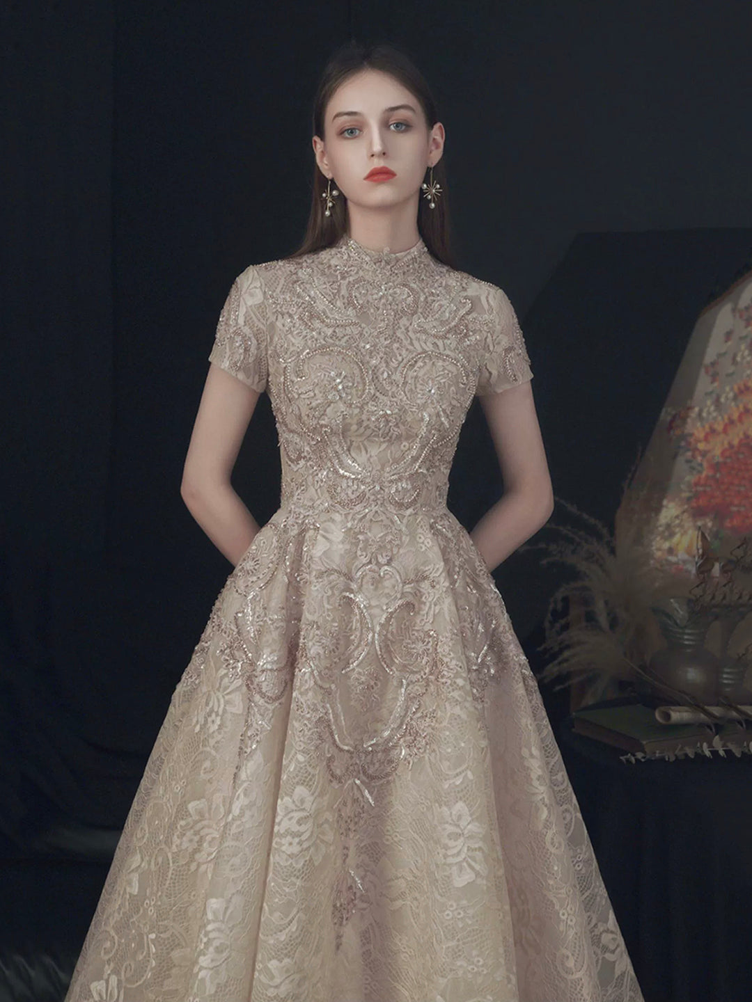 Beautiful Lace Short Sleeve Floor Length Prom Dress, Champagne High Ne