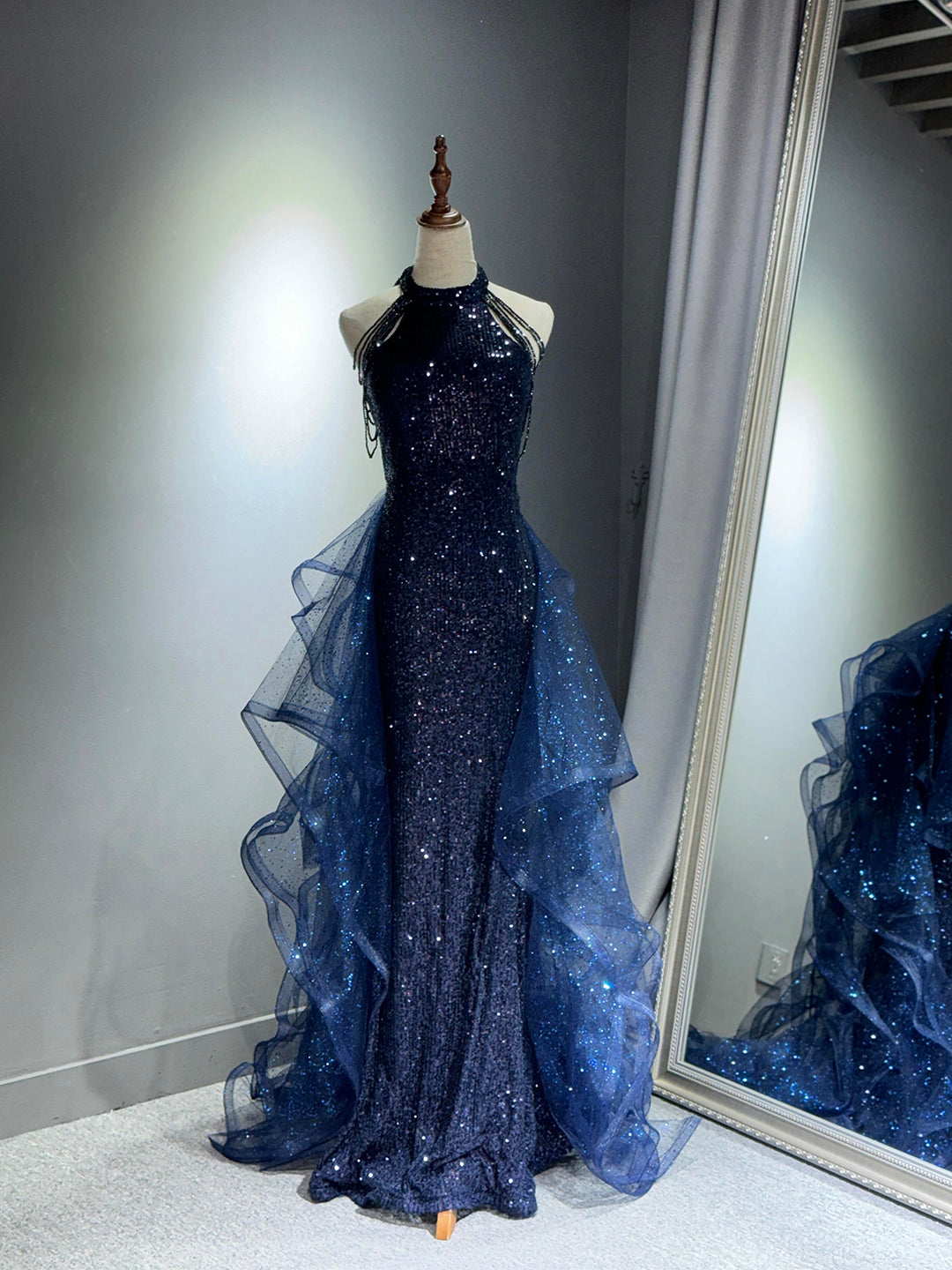 Navy Sequins Long Prom Dress, Elegant Halter Formal Evening Dress US 8 / Custom Color Navy Sequins Long Prom Dress, Elegant Halter Formal Evening Dress US 8 / Custom Color