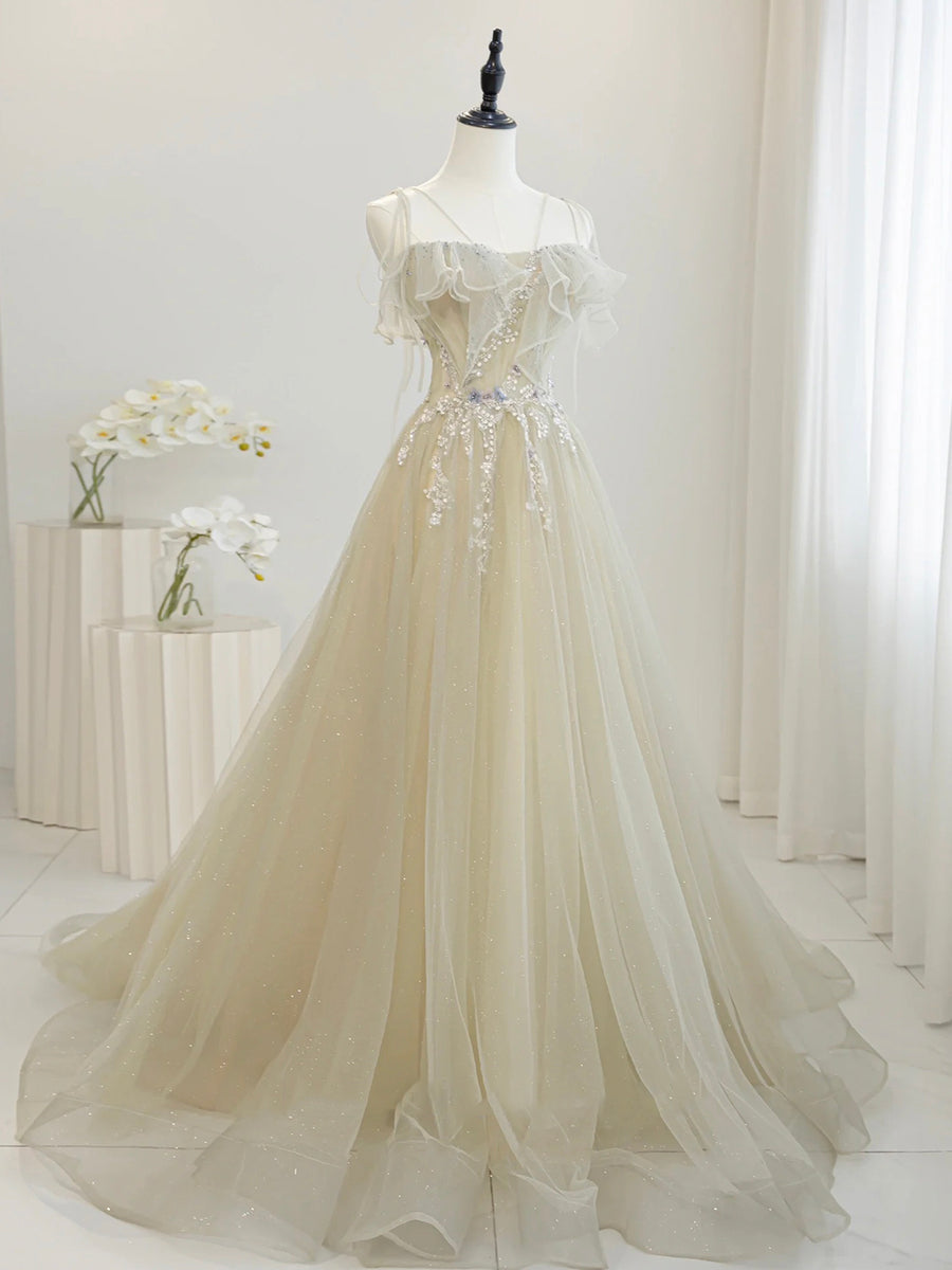 Cute Tulle Sequins Floor Length Prom Dress, Beautiful Spaghetti Strap ...