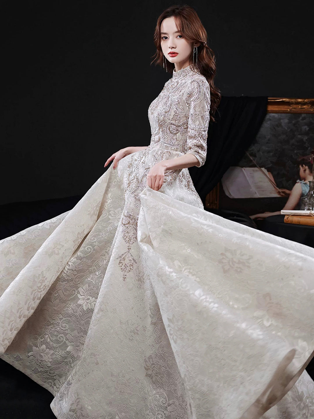 Elegant Lace Mid-sleeve Long Formal Dress, Champagne High Neck Evening