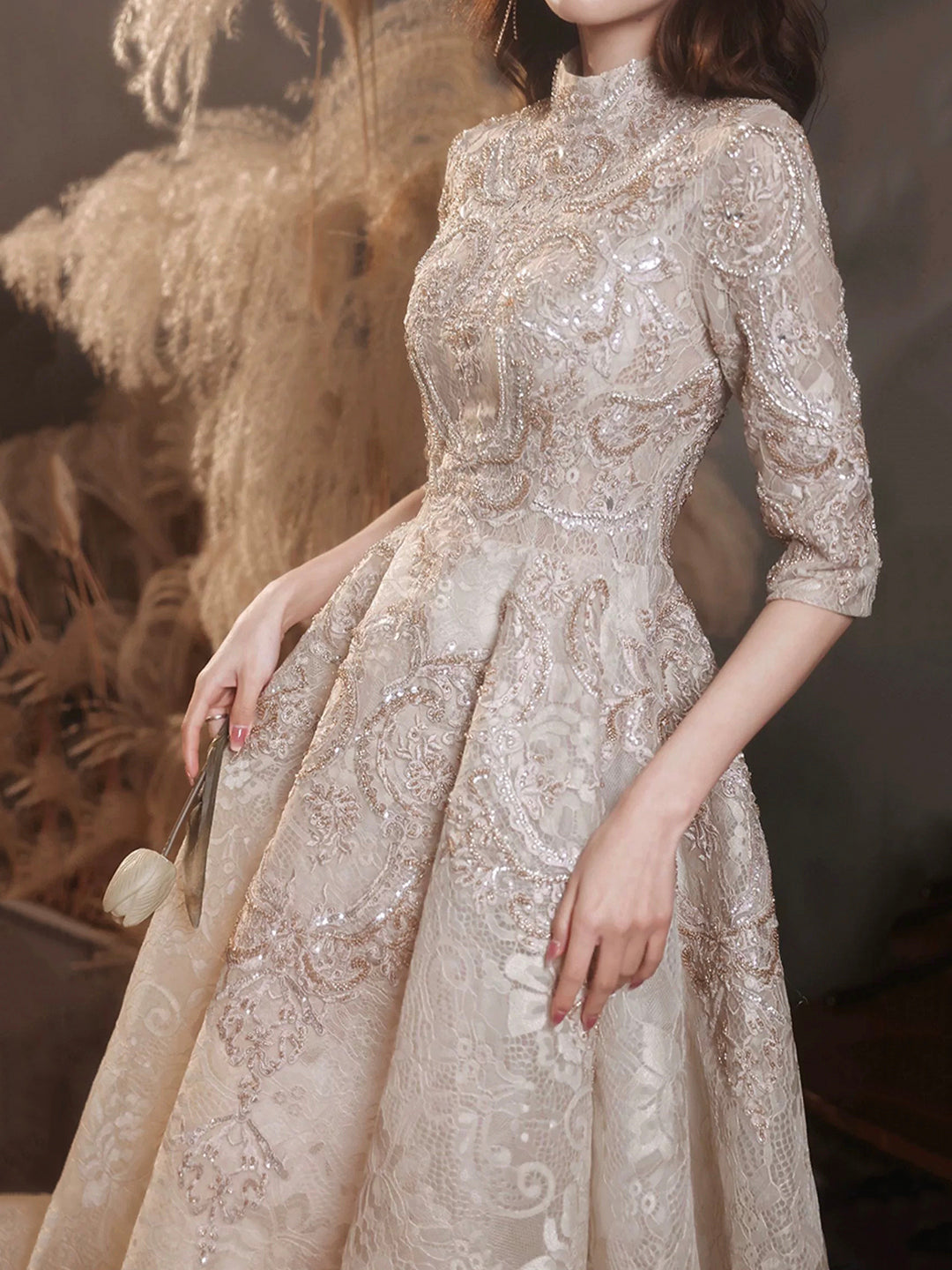 Elegant Lace Mid-sleeve Long Formal Dress, Champagne High Neck Evening