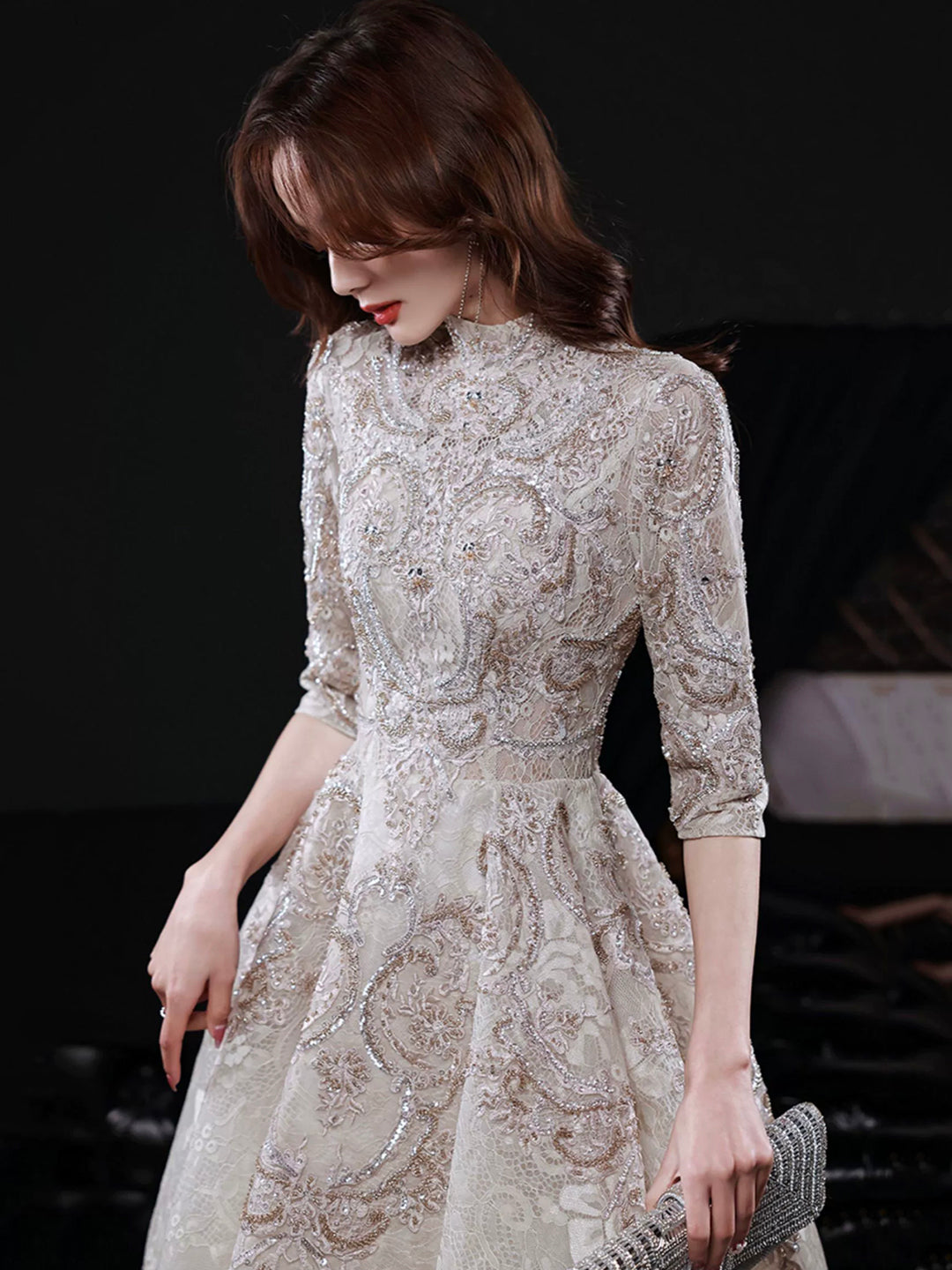 Elegant Lace Mid-sleeve Long Formal Dress, Champagne High Neck Evening