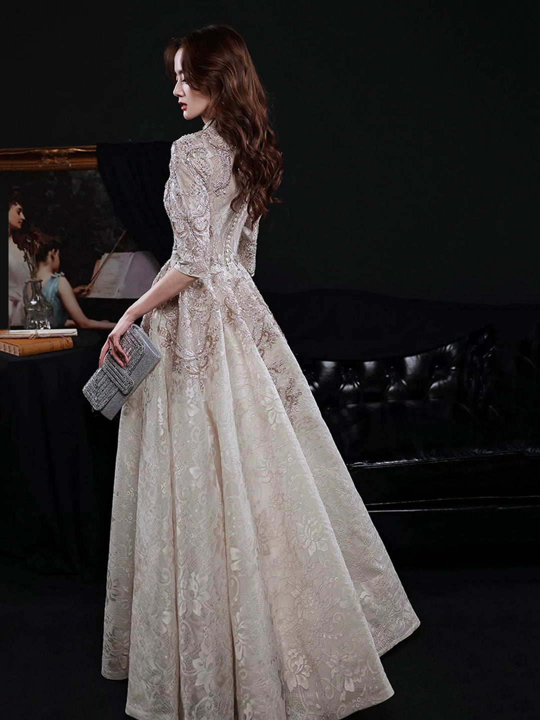 Elegant Lace Mid-sleeve Long Formal Dress, Champagne High Neck Evening