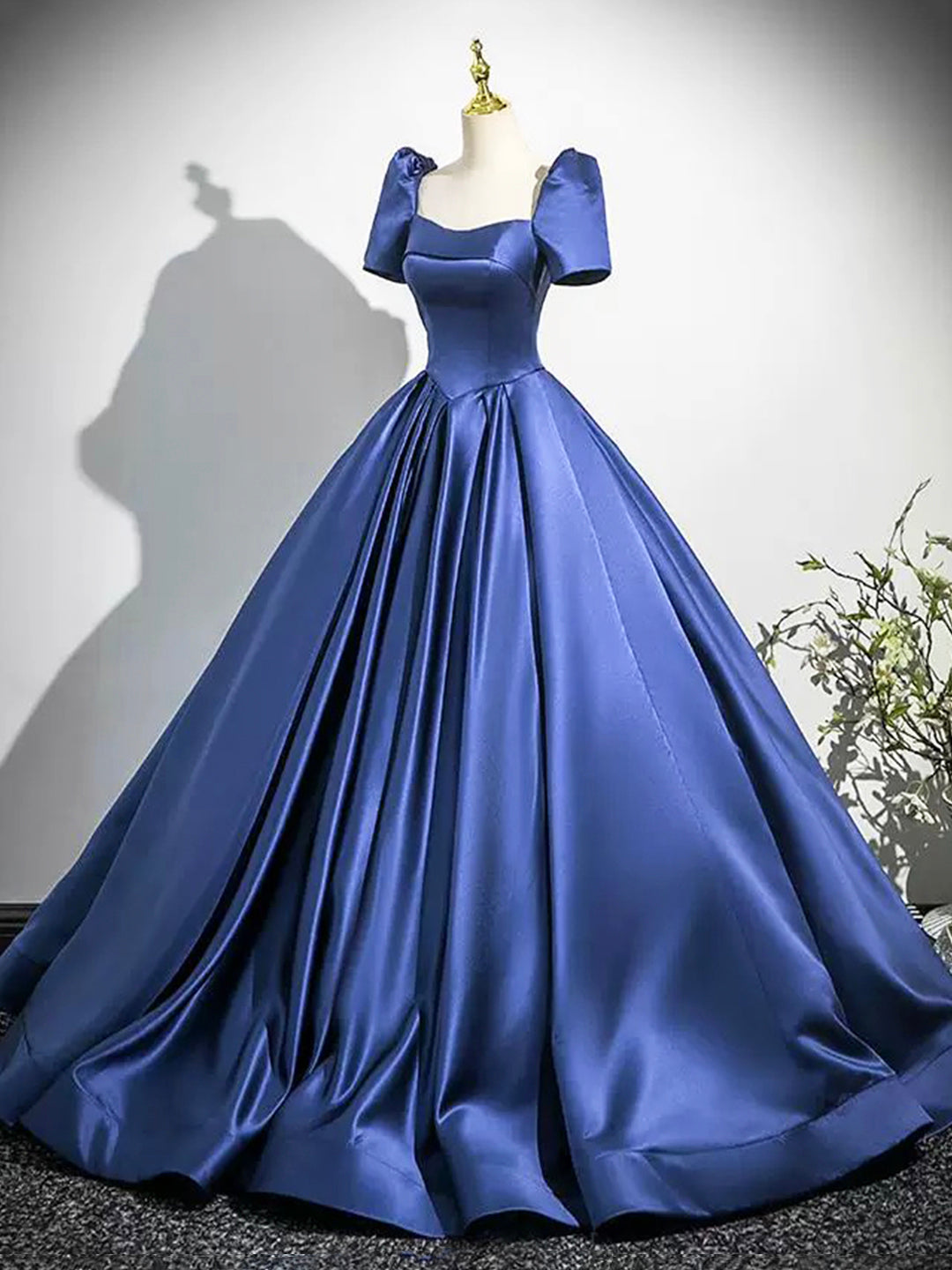Blue Satin Long Prom Dress, Blue A-Line Short Sleeve Evening Party Dre