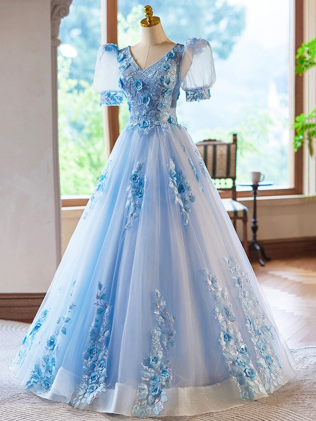 Blue Appliques Lace Flower Floor Length Prom Dresses, Beautiful V-Neck Loveydress Blue Appliques Lace Flower Floor Length Prom Dresses, Beautiful V-Neck Loveydress