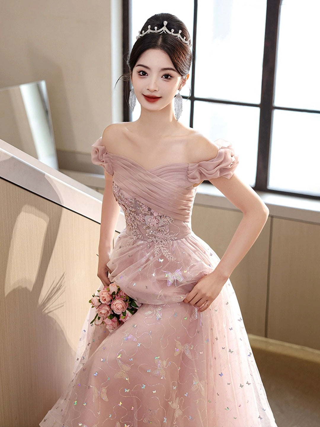 Pink Sparkly Prom Dress 2022 Custom Pink Lace Crystal Beaded Sequin Evening Dress With Sweep Train Pink Sparkly Prom Dress 2022 Custom Pink Lace Crystal Beaded Sequin Evening Dress With Sweep Train