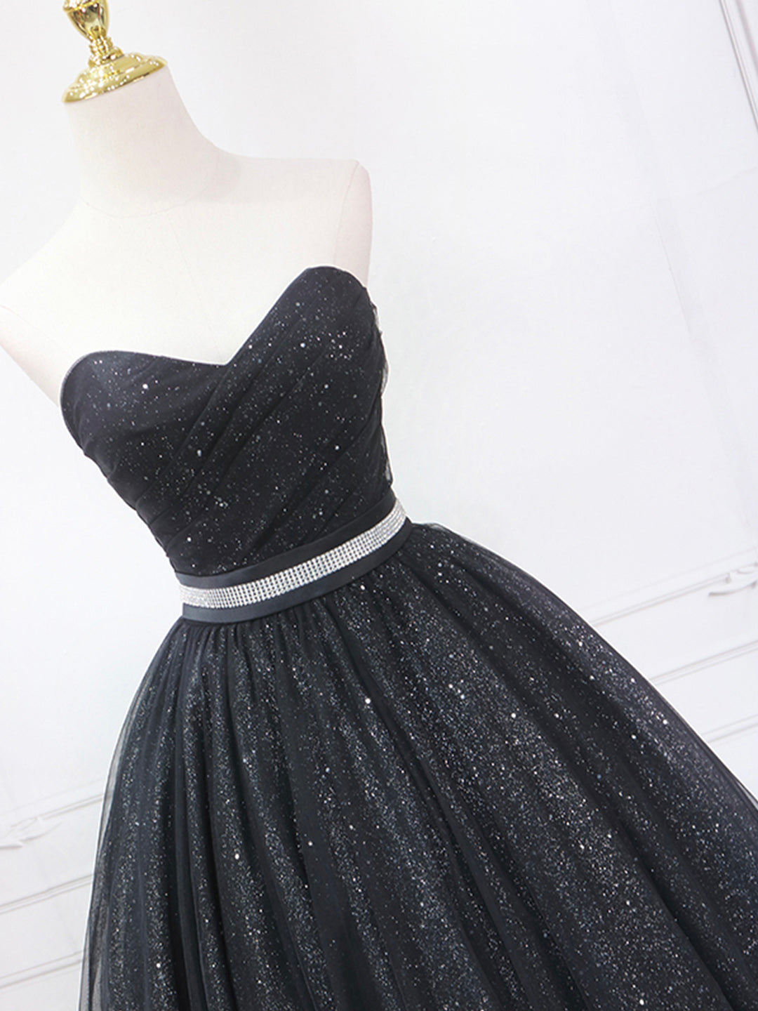 Black Shiny Tulle Tea Length Prom Dress, Black Strapless A-Line Party