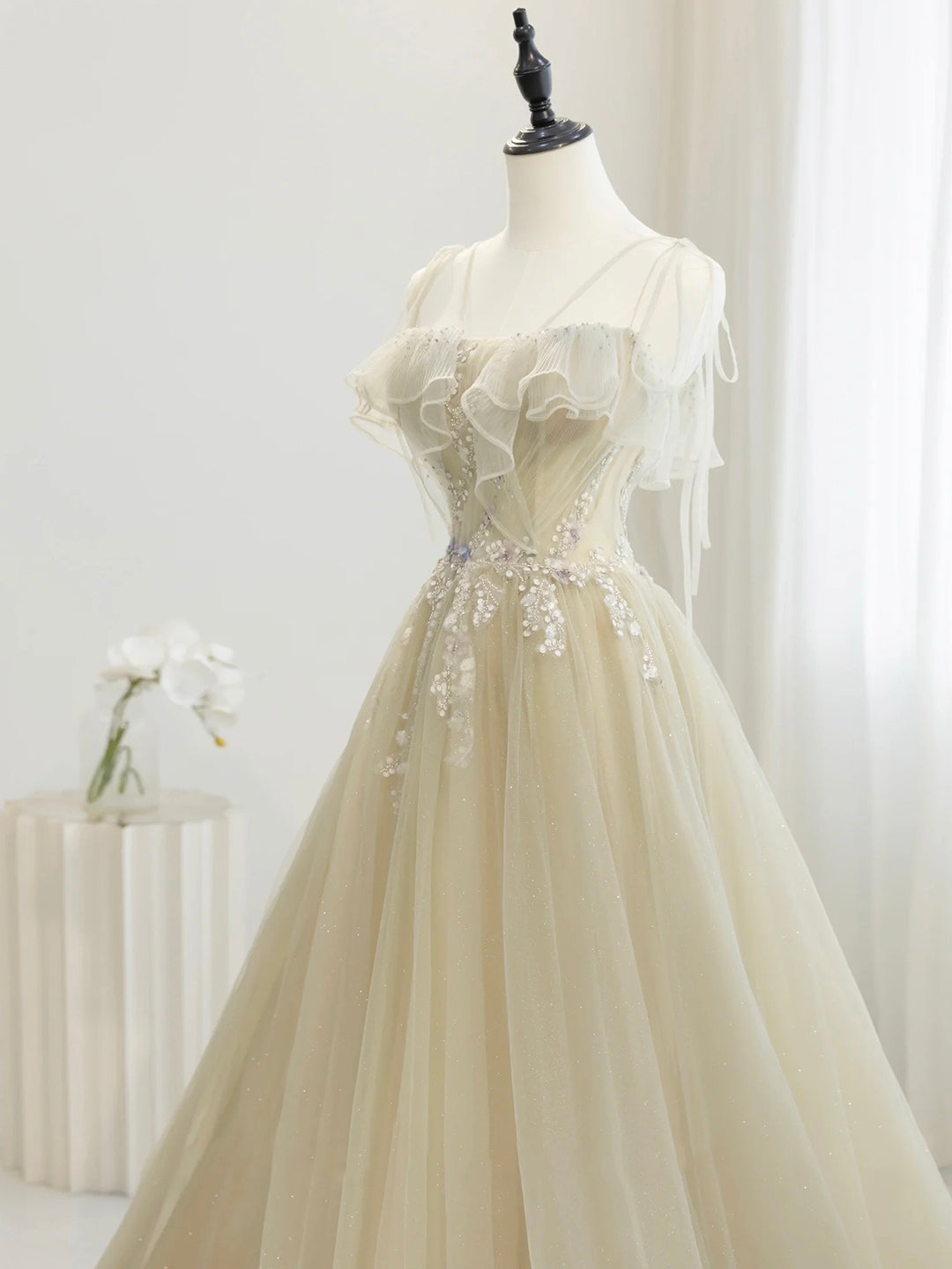 Cute Tulle Sequins Floor Length Prom Dress, Beautiful Spaghetti Strap ...