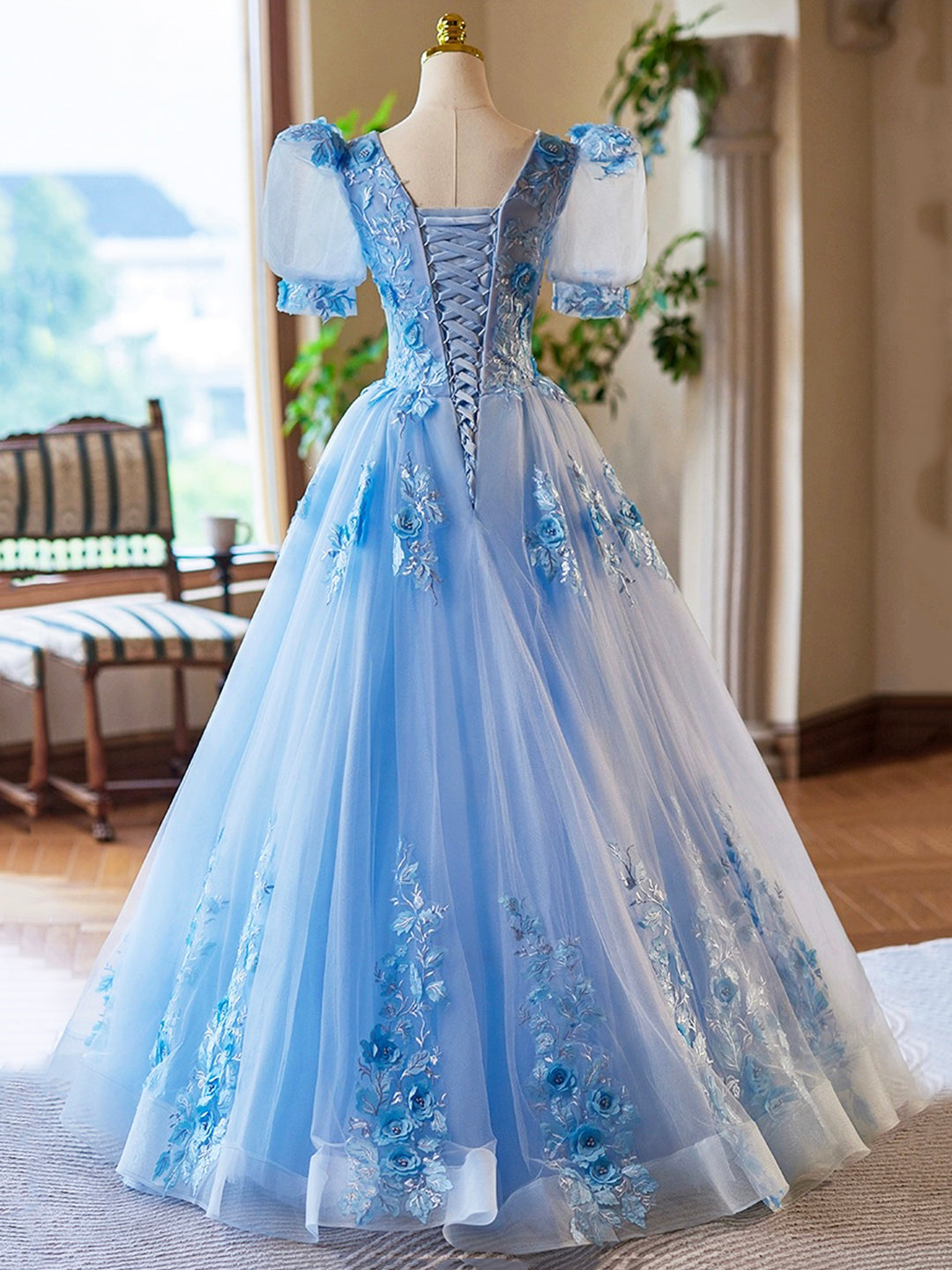 Blue Appliques Lace Flower Floor Length Prom Dresses, Beautiful V-Neck Short Sleeve Evening Dress US 16 / Blue Blue Appliques Lace Flower Floor Length Prom Dresses, Beautiful V-Neck Short Sleeve Evening Dress US 16 / Blue