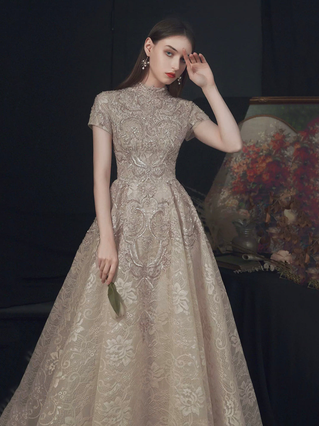 Beautiful Lace Short Sleeve Floor Length Prom Dress, Champagne High Ne