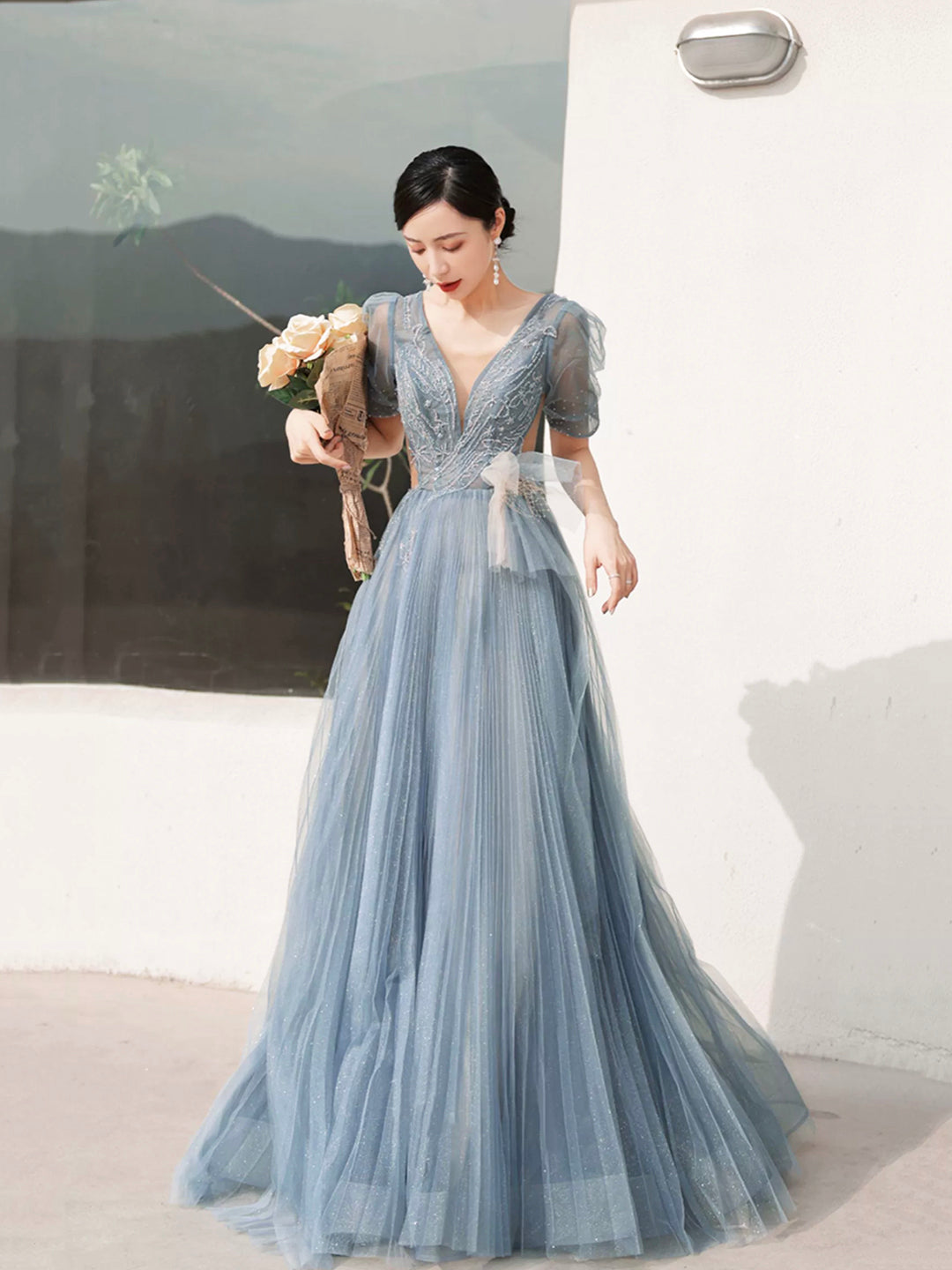 Dusty Blue Pleated Tulle Floor Length Prom Dress, Beautiful Short Slee