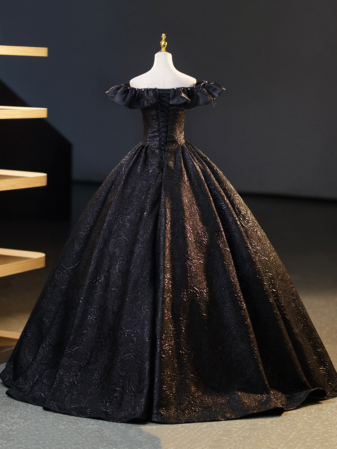 Black V-Neck Floor Length Formal Dress, A-Line Off the Shoulder Evenin