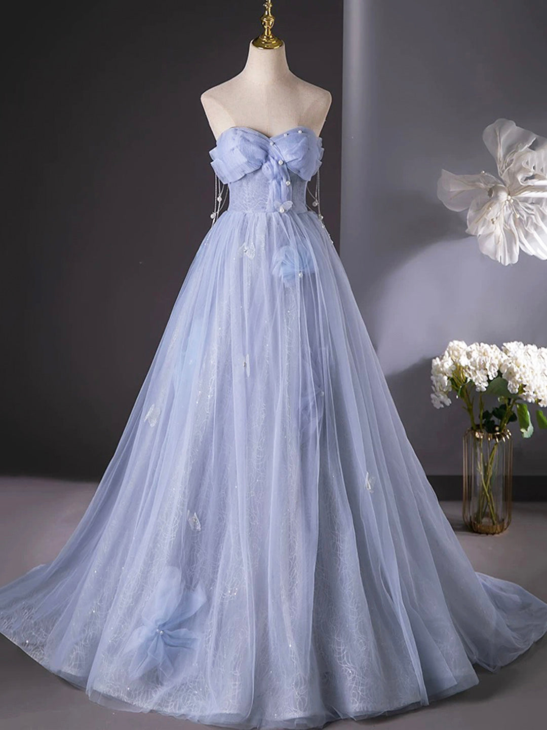 Blue Tulle Long A-Line Prom Dress Party Dress, Beautiful Off the Shoul Loveydress Blue Tulle Long A-Line Prom Dress Party Dress, Beautiful Off the Shoul Loveydress