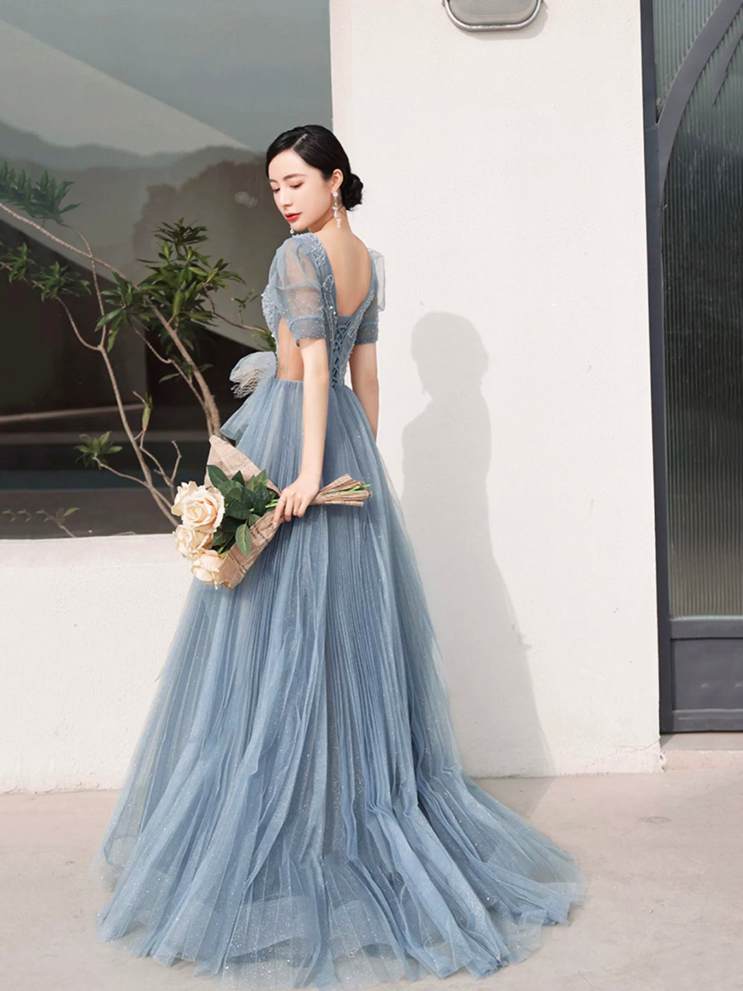 Dusty Blue Pleated Tulle Floor Length Prom Dress, Beautiful Short Slee