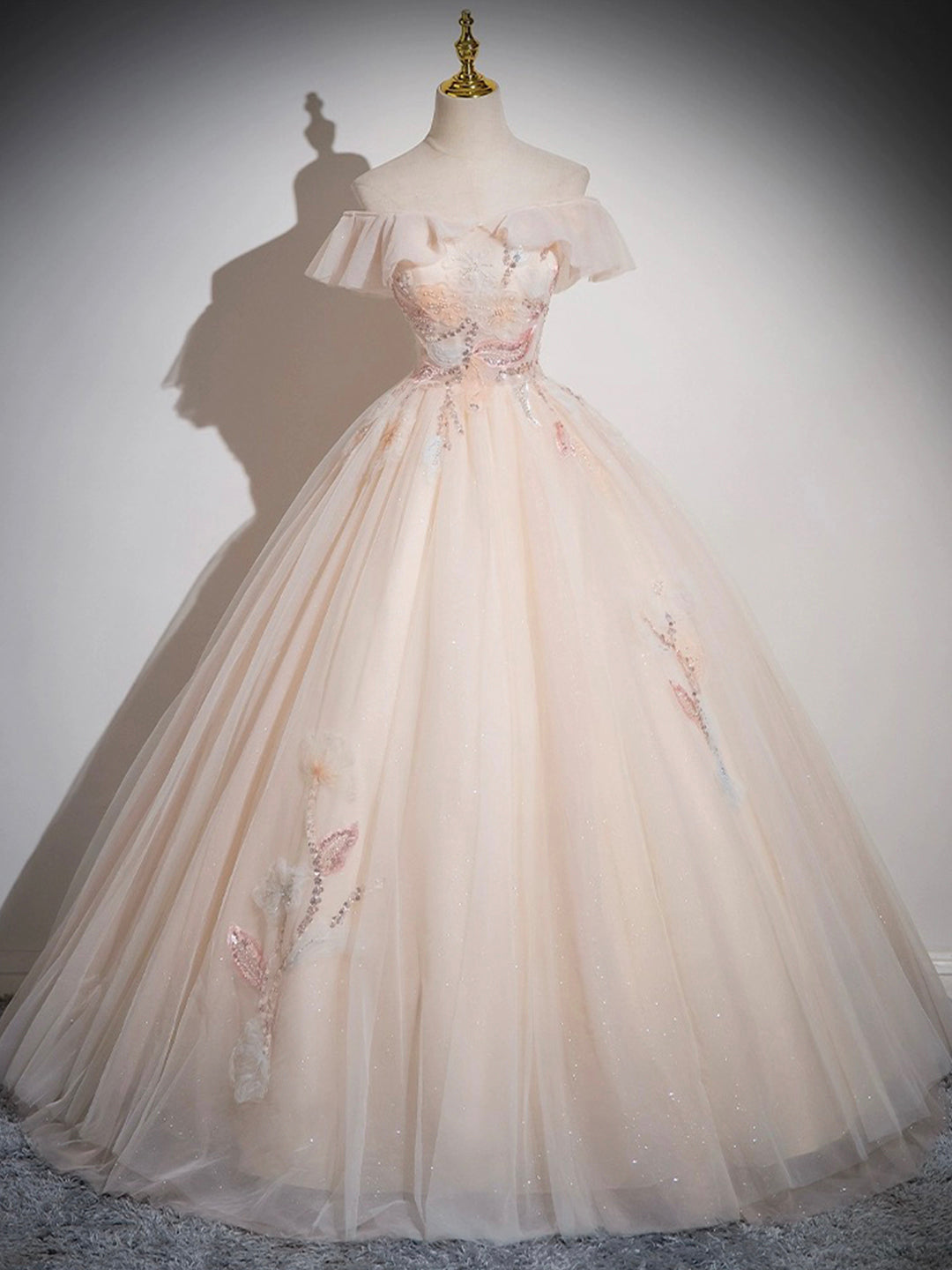 Champagne Tulle Floor Length Prom Dress, Off the Shoulder Evening Part