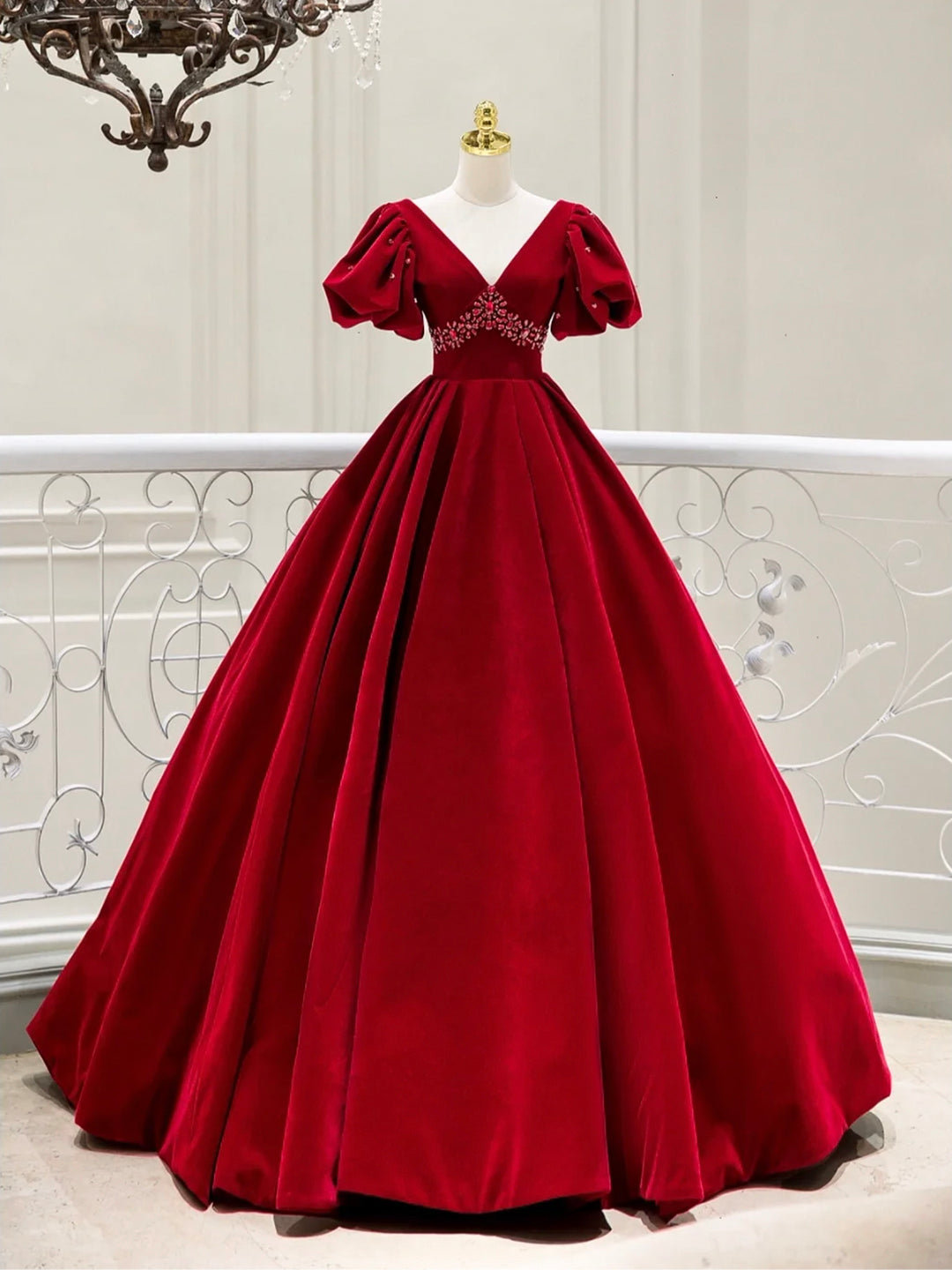 Burgundy Velvet V-Neck Long Formal Dress, A-Line Short Sleeve Evening Party Dress US 12 / Burgundy Burgundy Velvet V-Neck Long Formal Dress, A-Line Short Sleeve Evening Party Dress US 12 / Burgundy