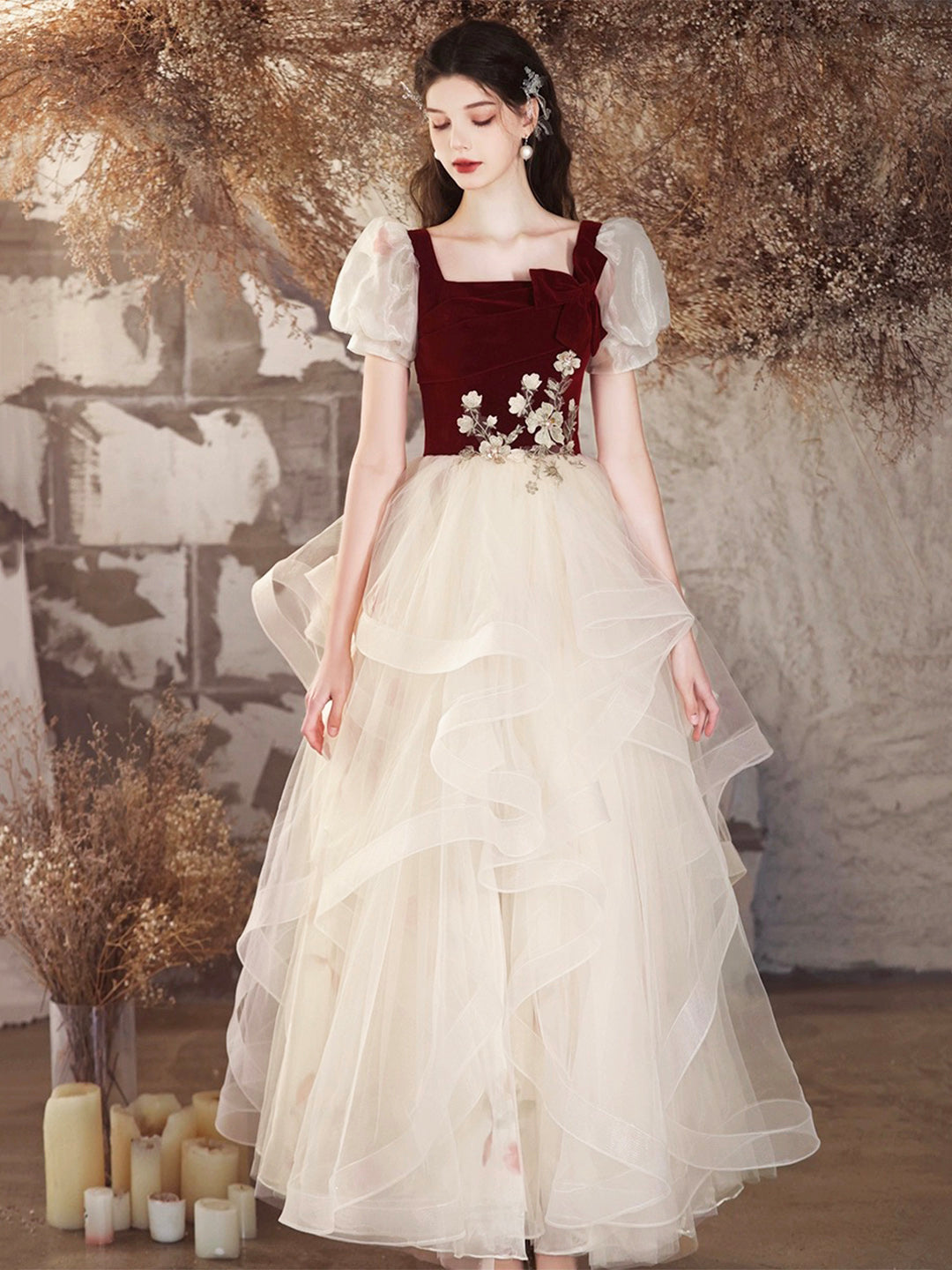 maroon and cream dress Quinceanera Long Dress Off Shoulder Ball Gown