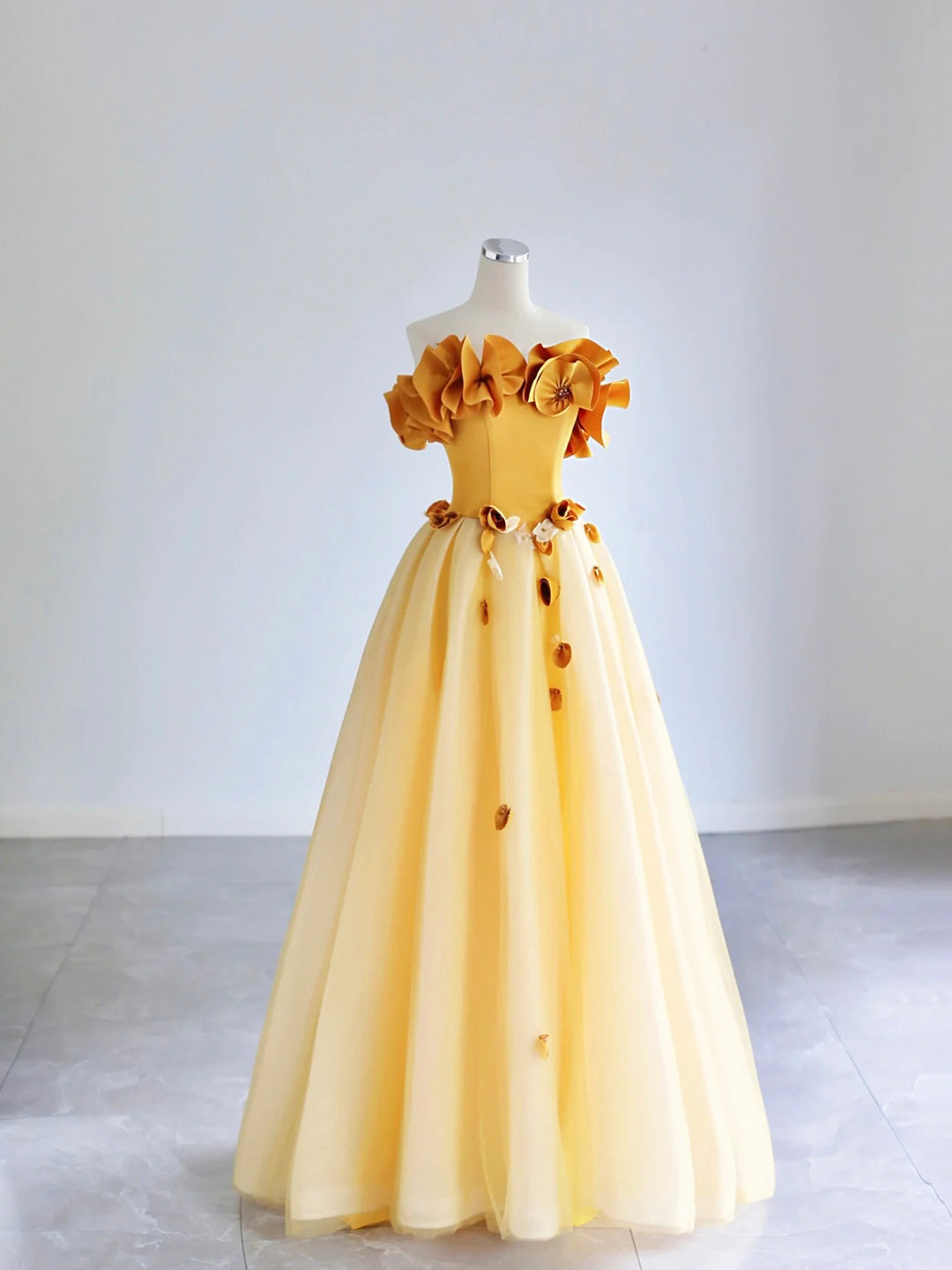 Yellow Tulle Applique Long Prom Dress, Off the Shoulder Sleeveless Backless Long Formal Evening Dress US 2 / Yellow Yellow Tulle Applique Long Prom Dress, Off the Shoulder Sleeveless Backless Long Formal Evening Dress US 2 / Yellow