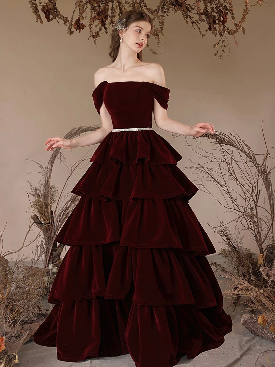 Burgundy Velvet Layers Long Prom Dress, Beautiful A-Line Off the Shoul Loveydress Burgundy Velvet Layers Long Prom Dress, Beautiful A-Line Off the Shoul Loveydress
