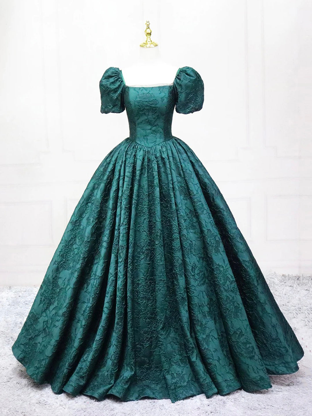 Dark Green Printed Pattern Floor Length Prom Dress, Elegant Off the Sh
