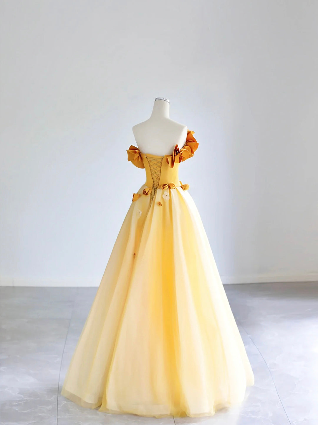 Yellow Tulle Applique Long Prom Dress, Off the Shoulder Sleeveless Backless Long Formal Evening Dress US 2 / Yellow Yellow Tulle Applique Long Prom Dress, Off the Shoulder Sleeveless Backless Long Formal Evening Dress US 2 / Yellow