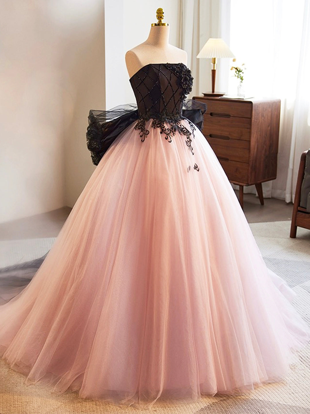 Black and Pink Tulle Lace Long Prom Dress, A-Line Strapless Evening Sw