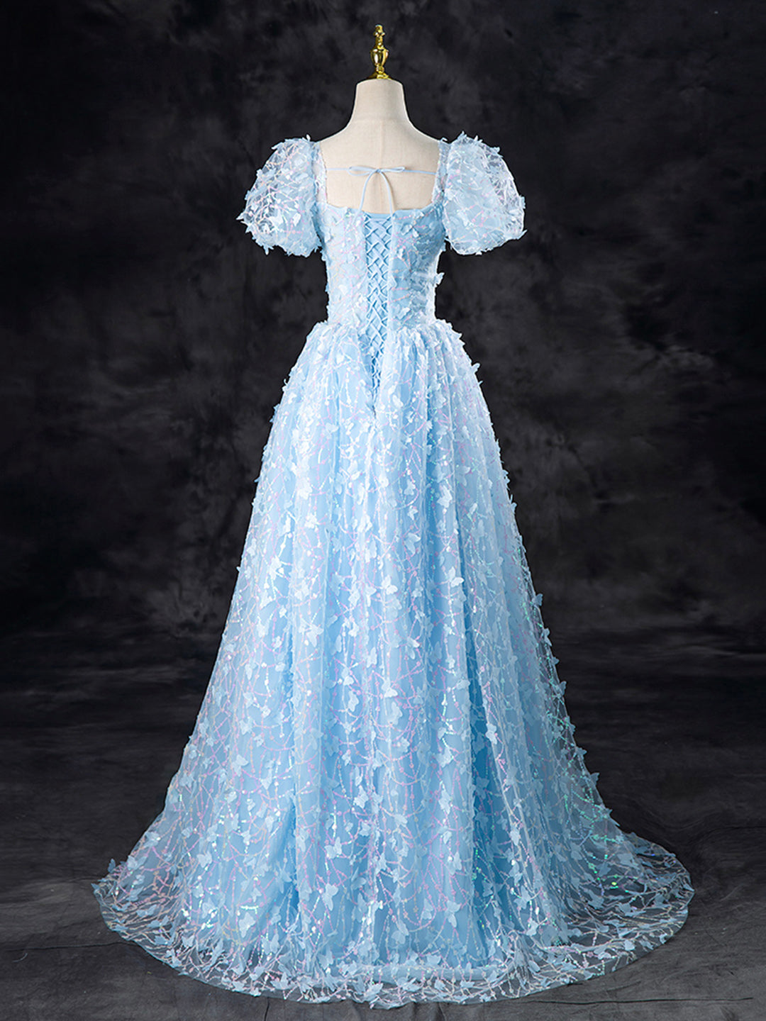Blue Butterfly Appliques Sequins Prom Dress, A-Line Short Sleeve Backless Princess Formal Dress US 14 / Blue Blue Butterfly Appliques Sequins Prom Dress, A-Line Short Sleeve Backless Princess Formal Dress US 14 / Blue