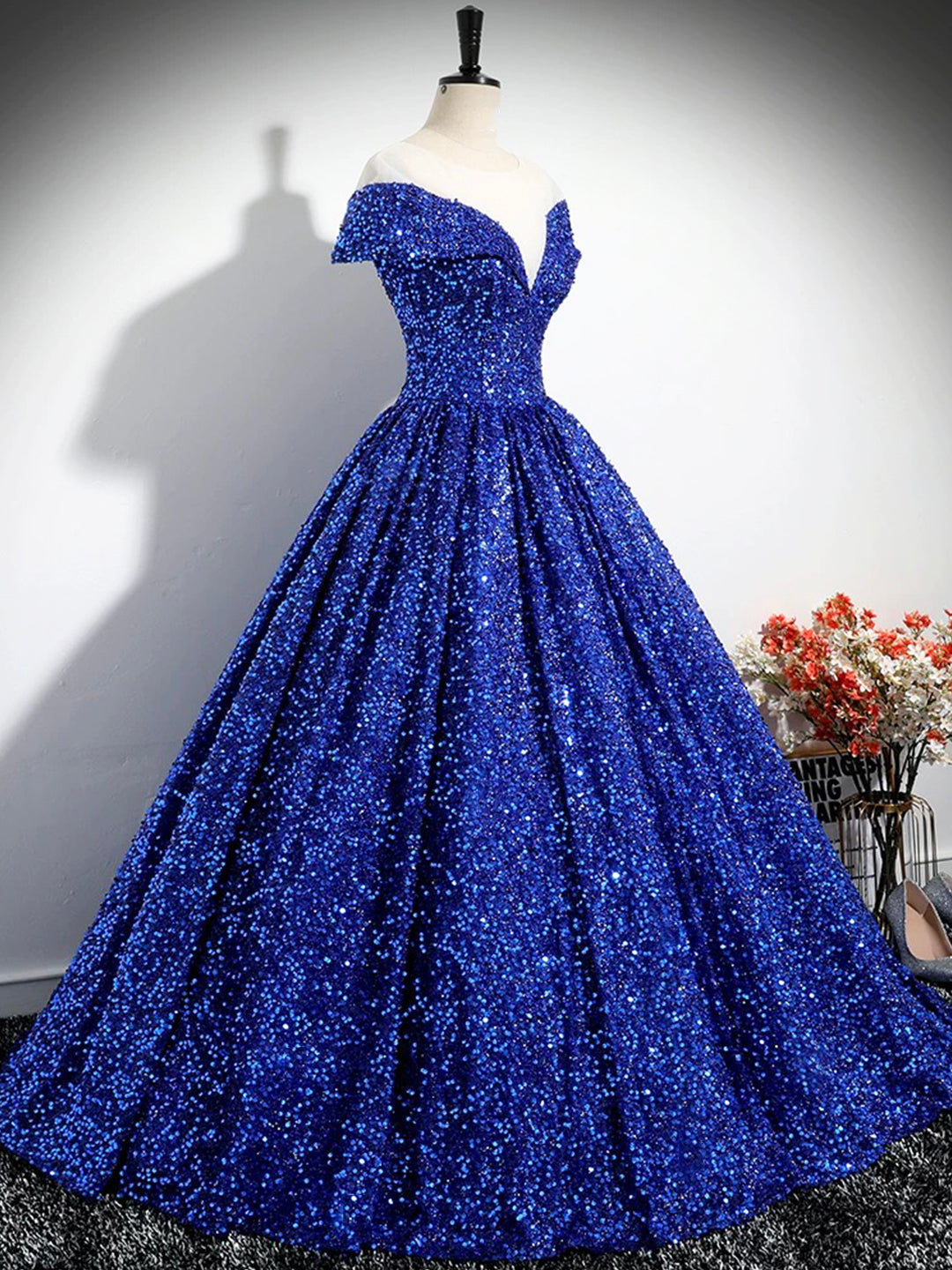 formal floor length dress Blue Sequins Floor Length Prom Dress, Elegant A-Line Formal Evening Dress US 2 / Red