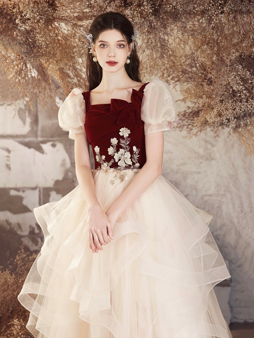 burgundy and champagne prom dresses Sexy Burgundy V-Neck Open Back Appliques Velvet Prom Dress