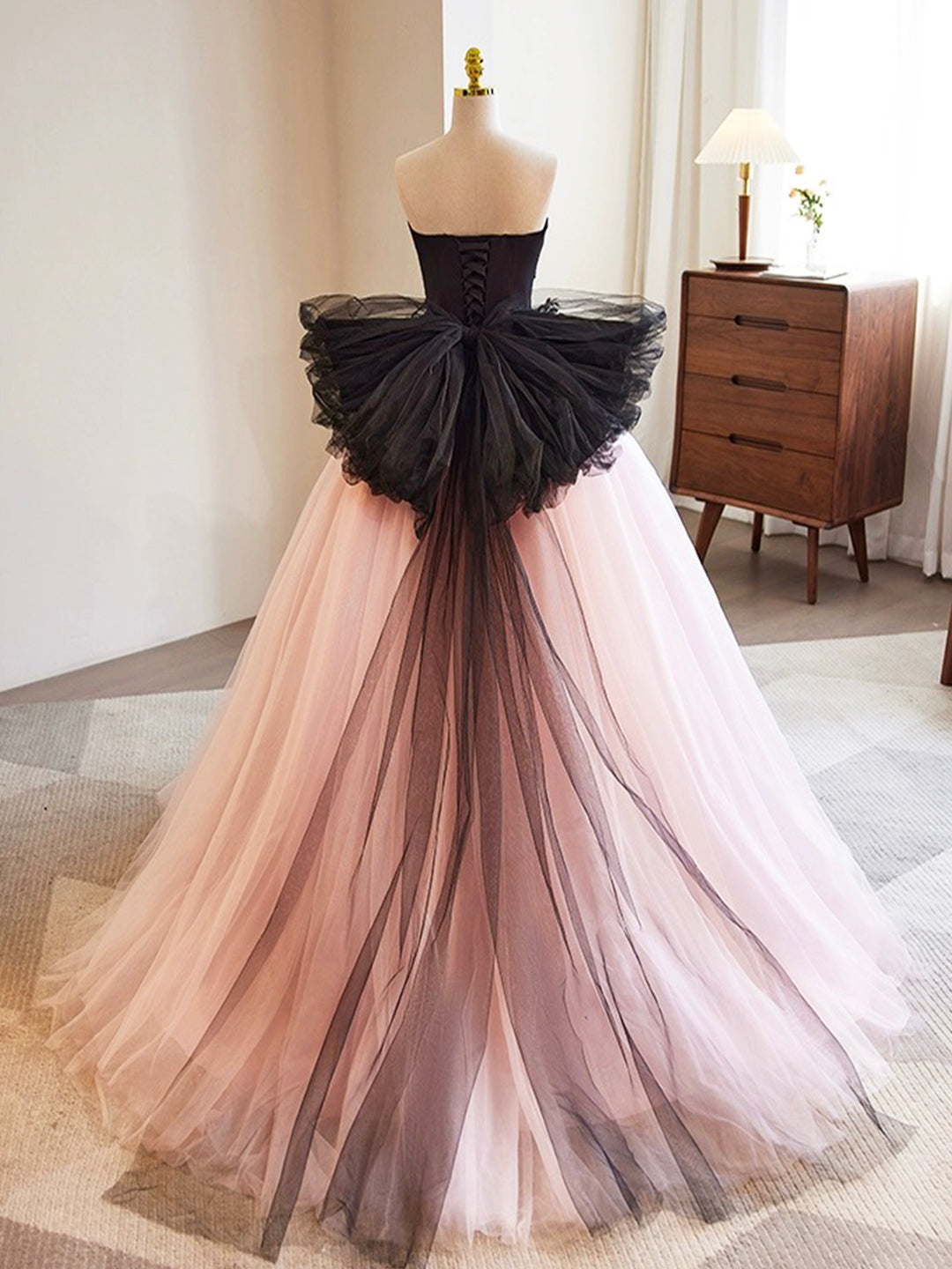 Black and Pink Tulle Lace Long Prom Dress, A-Line Strapless Evening Sw