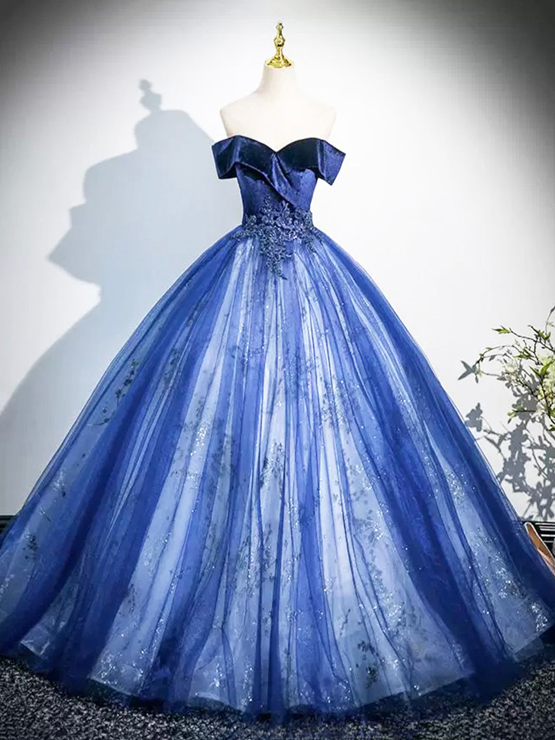 Blue Velvet and Tulle Long Formal Dress, A-Line Off the Shoulder Prom Party Dress US 2 / Custom Color Blue Velvet and Tulle Long Formal Dress, A-Line Off the Shoulder Prom Party Dress US 2 / Custom Color