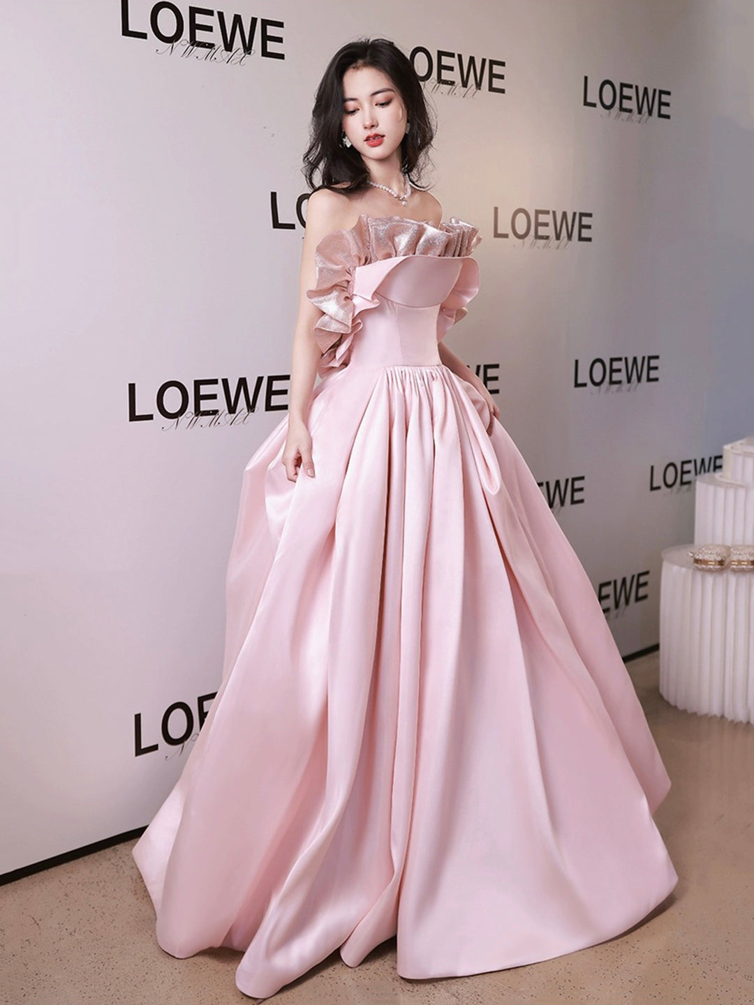 Off Shoulder Pink Satin Long Formal Dress, Pink Evening Dress Party Dr