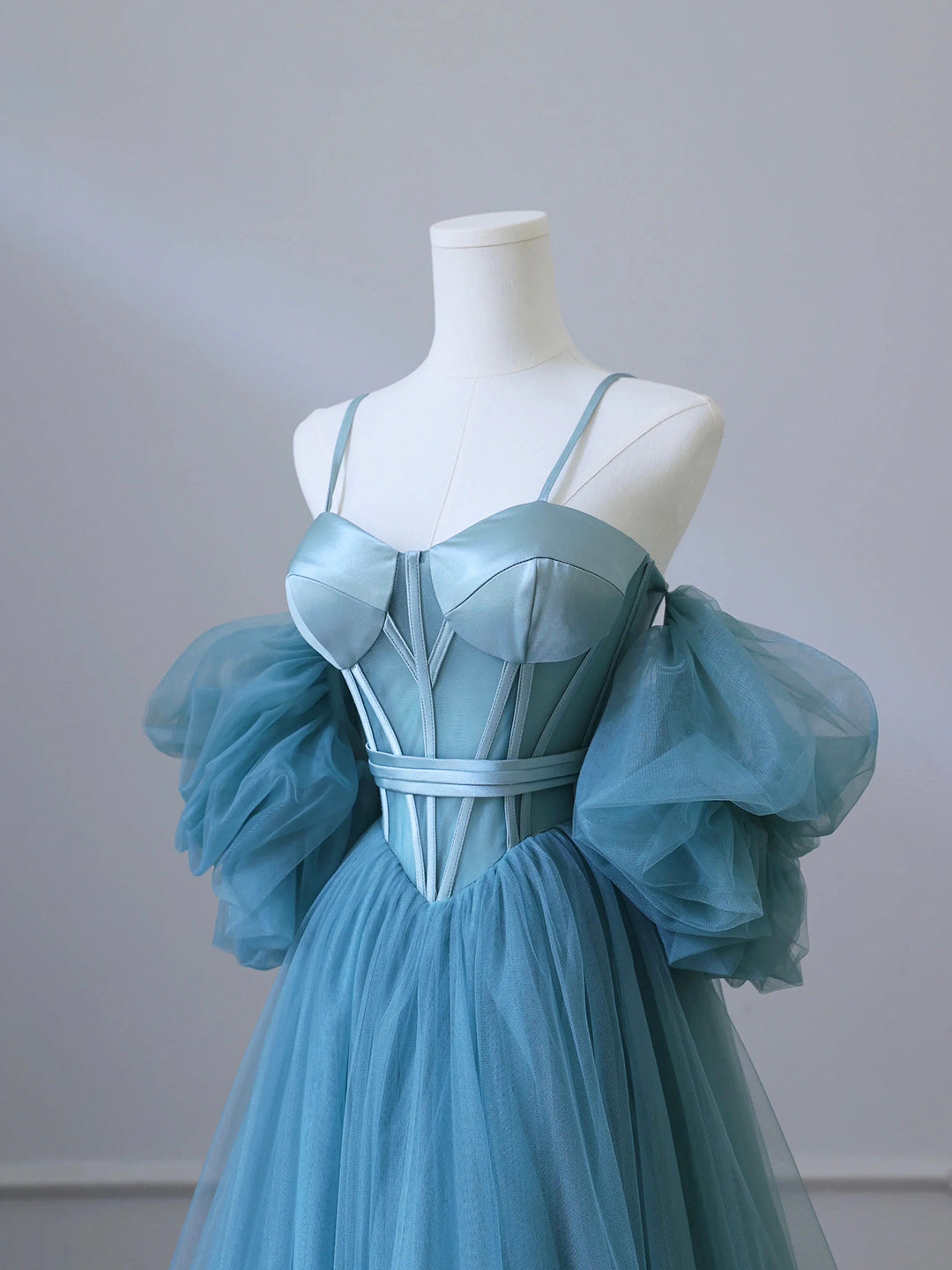 Fairy Blue Spaghetti Straps Corset Tulle Prom Dress, Detachable off Sh ...