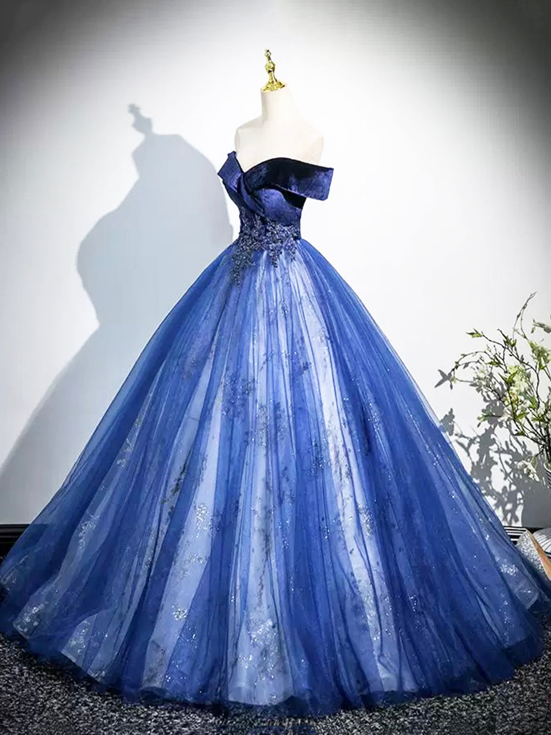 Blue Velvet and Tulle Long Formal Dress, A-Line Off the Shoulder Prom Party Dress US 2 / Custom Color Blue Velvet and Tulle Long Formal Dress, A-Line Off the Shoulder Prom Party Dress US 2 / Custom Color