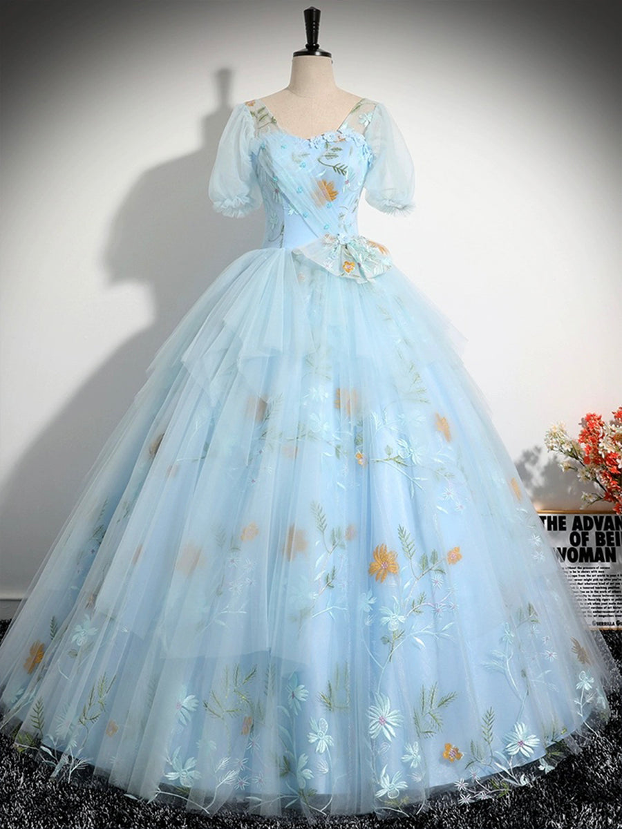 Blue Tulle Floor Length Prom Dress, Beautiful Short Sleeve Evening Par ...